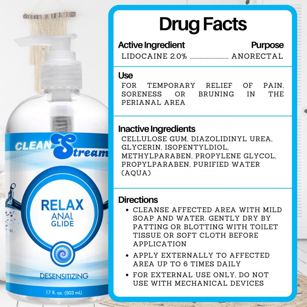 Clean Stream Relax Desensitizing Anal Lube in a 17oz bottle, designed for comfort during anal play with a silky smooth texture and numbing effect.