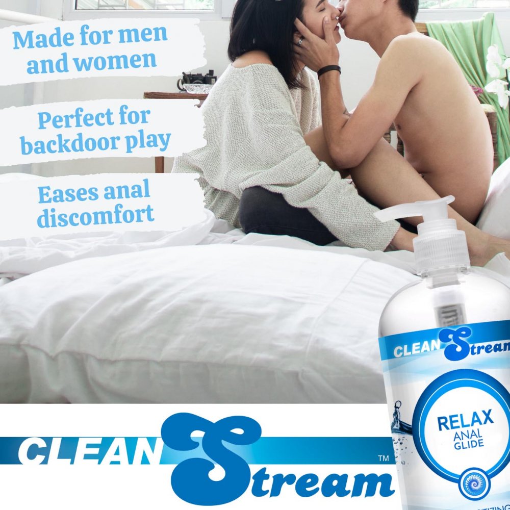 Clean Stream Relax Desensitizing Anal Lube in a 17oz bottle, designed for comfort during anal play with a silky smooth texture and numbing effect.