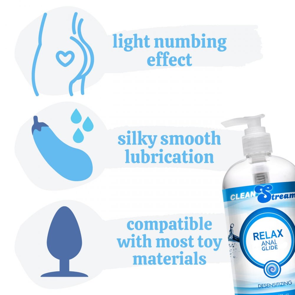 Clean Stream Relax Desensitizing Anal Lube in a 17oz bottle, designed for comfort during anal play with a silky smooth texture and numbing effect.