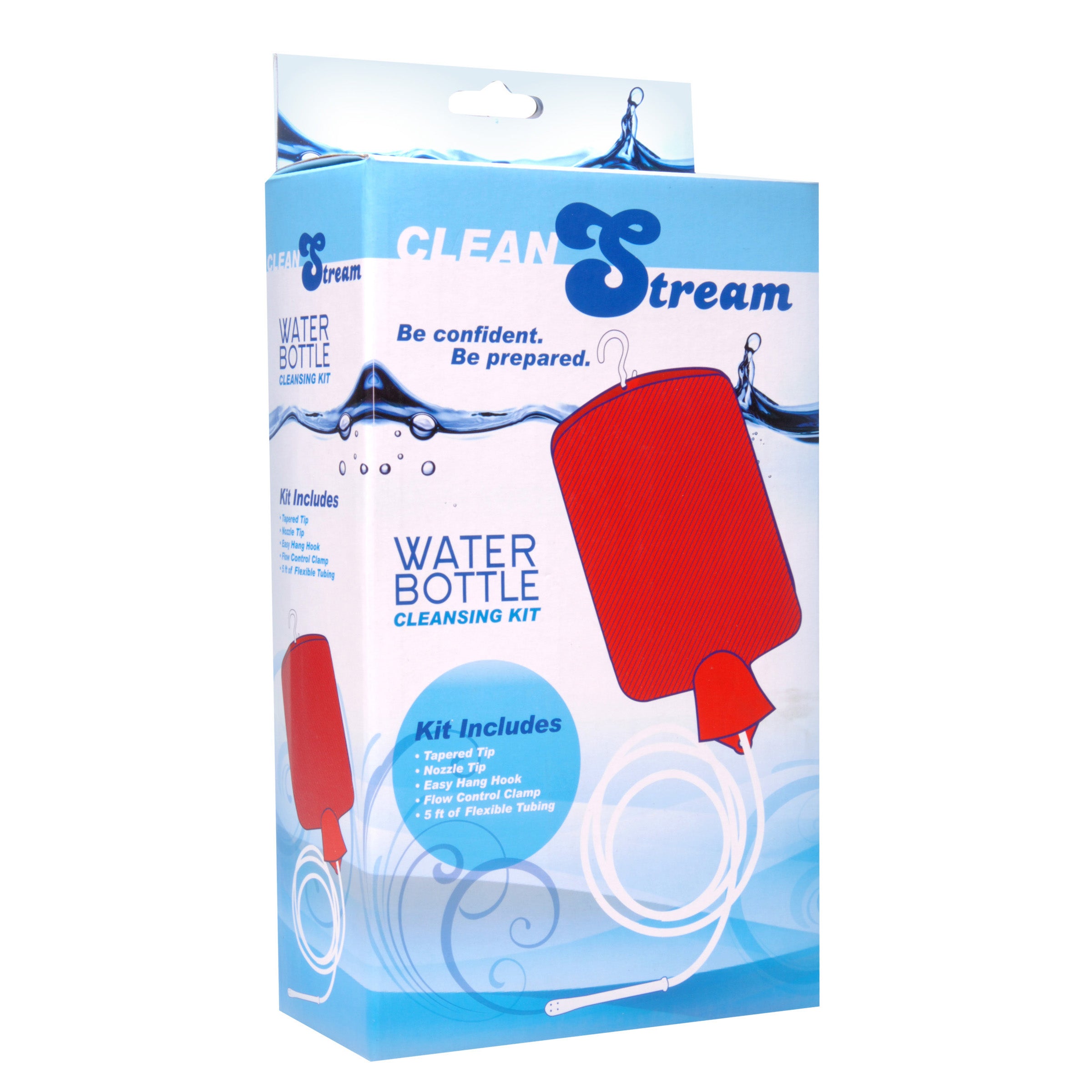 CleanStream Water Bottle Douche Kit with enema and vaginal tips, rubber water bottle, and flexible tubing.