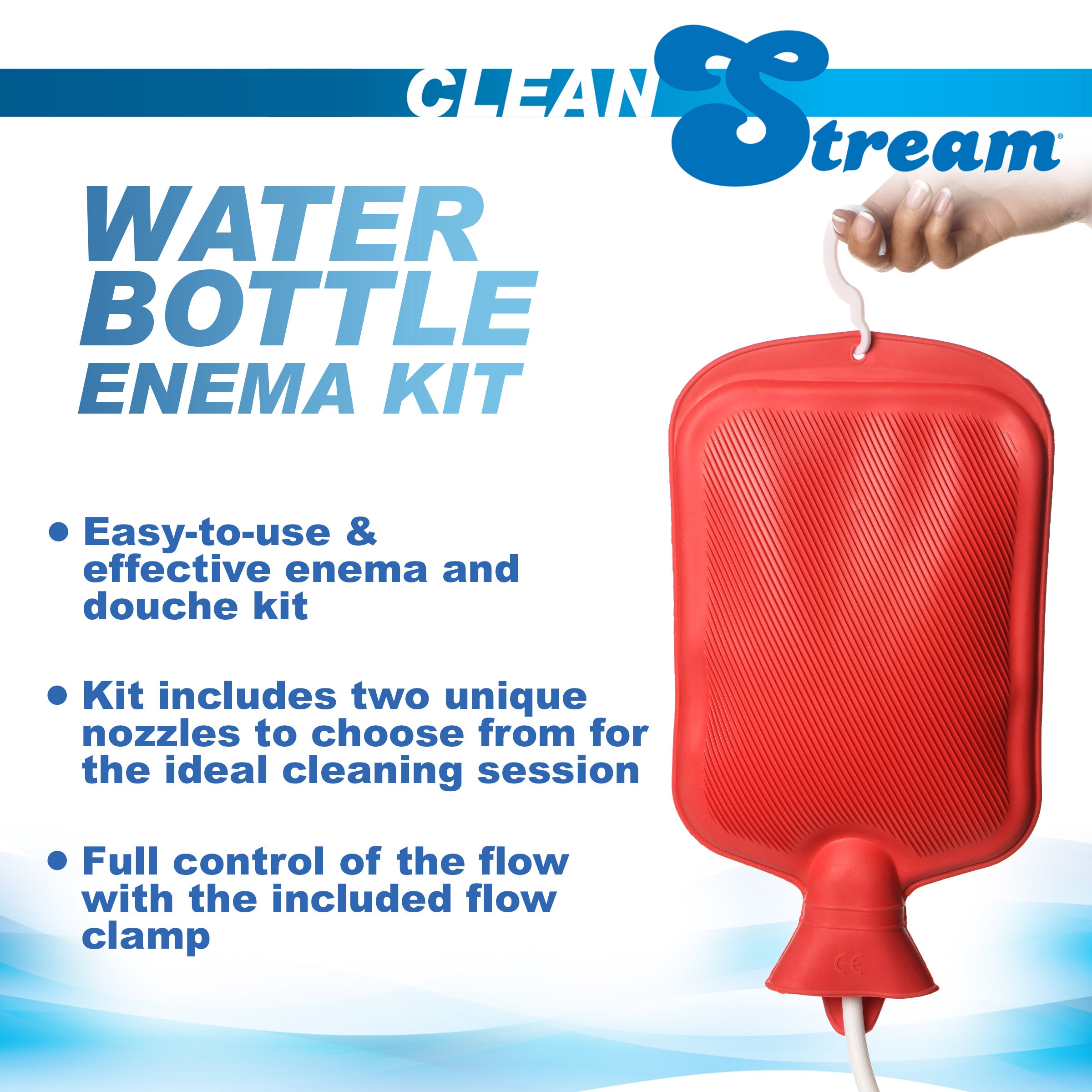 CleanStream Water Bottle Douche Kit with enema and vaginal tips, rubber water bottle, and flexible tubing.