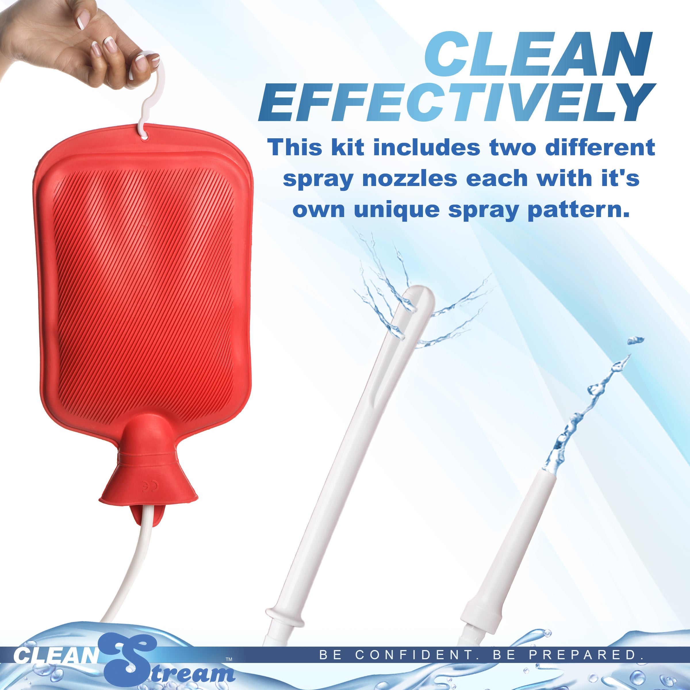 CleanStream Water Bottle Douche Kit with enema and vaginal tips, rubber water bottle, and flexible tubing.