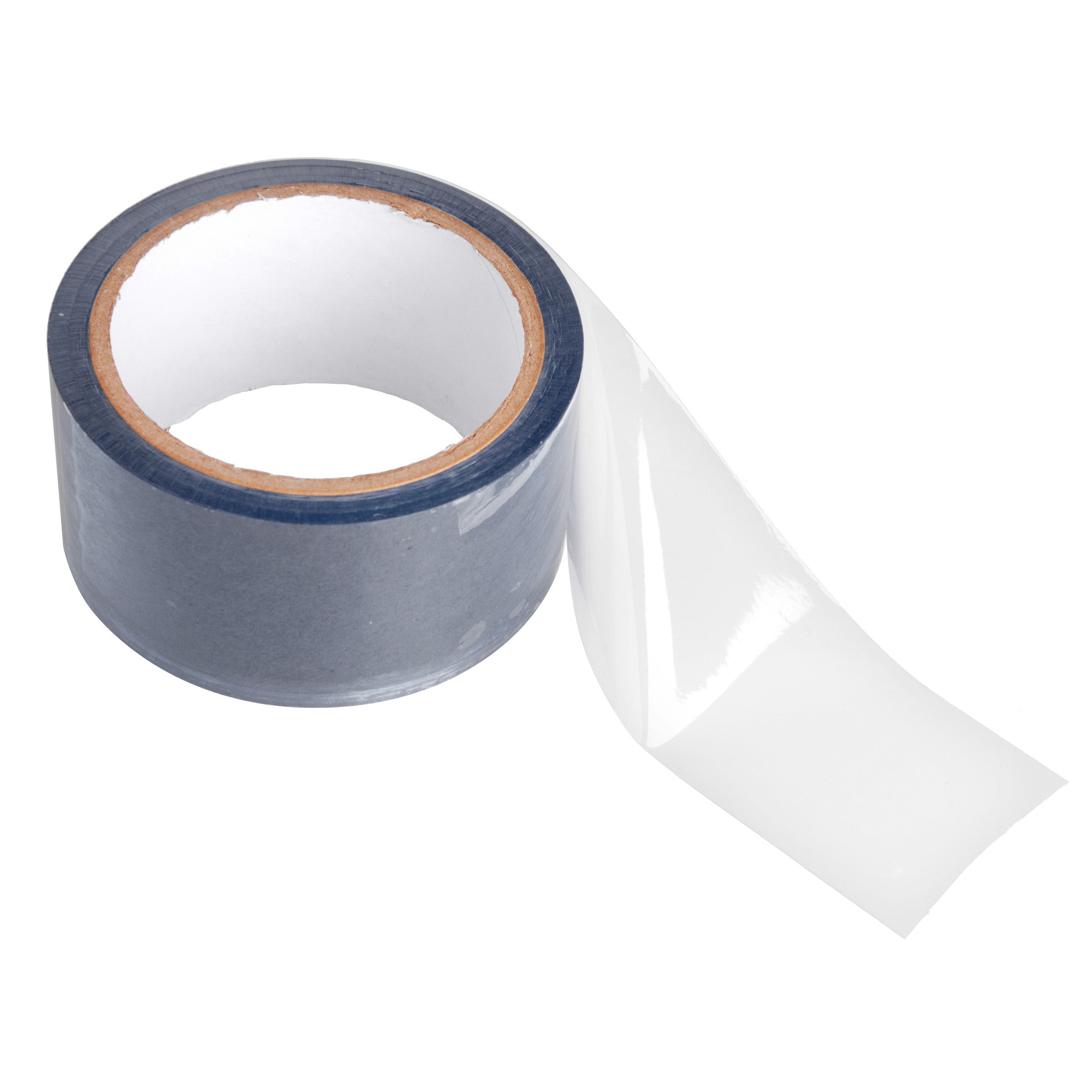 Clear bondage tape on a white background, showcasing its shiny PVC material and self-sticking feature for bondage play.