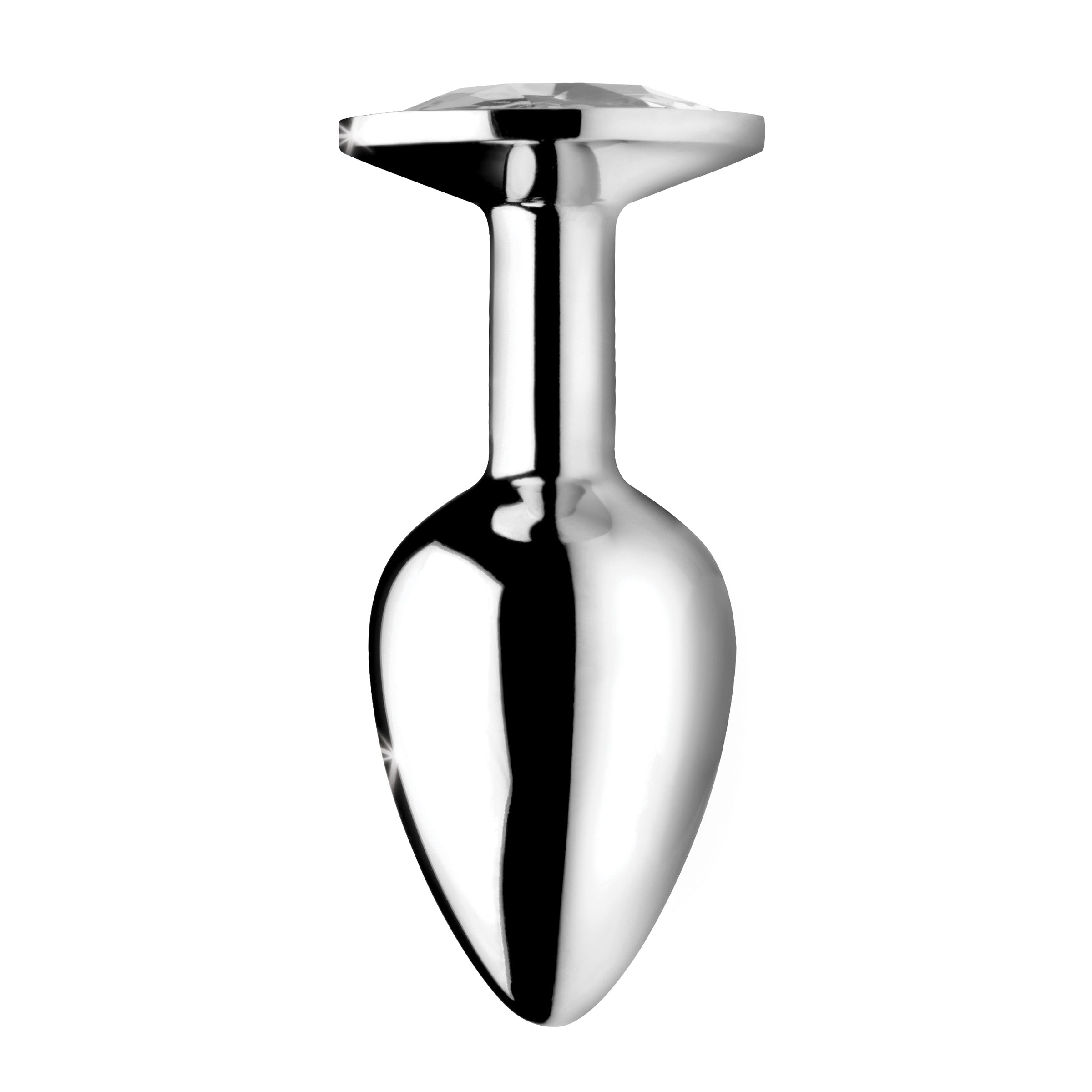 Clear Gem Anal Plug featuring a smooth aluminum finish and a sparkling crystal jewel at the base, designed for anal play.