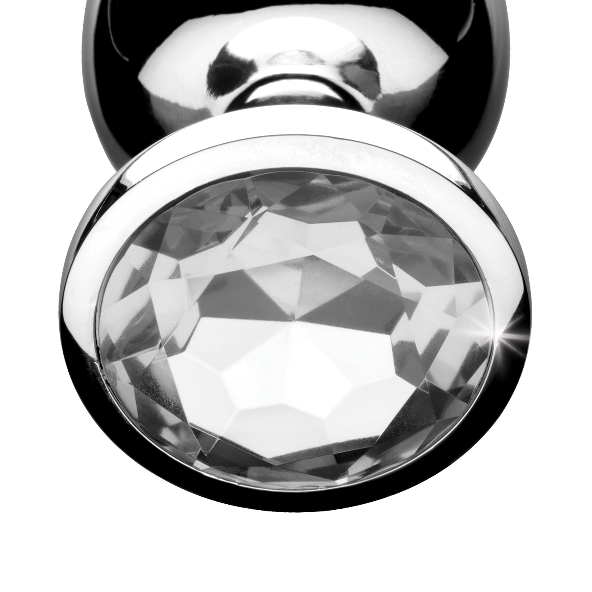 Clear Gem Anal Plug featuring a smooth aluminum finish and a sparkling crystal jewel at the base, designed for anal play.