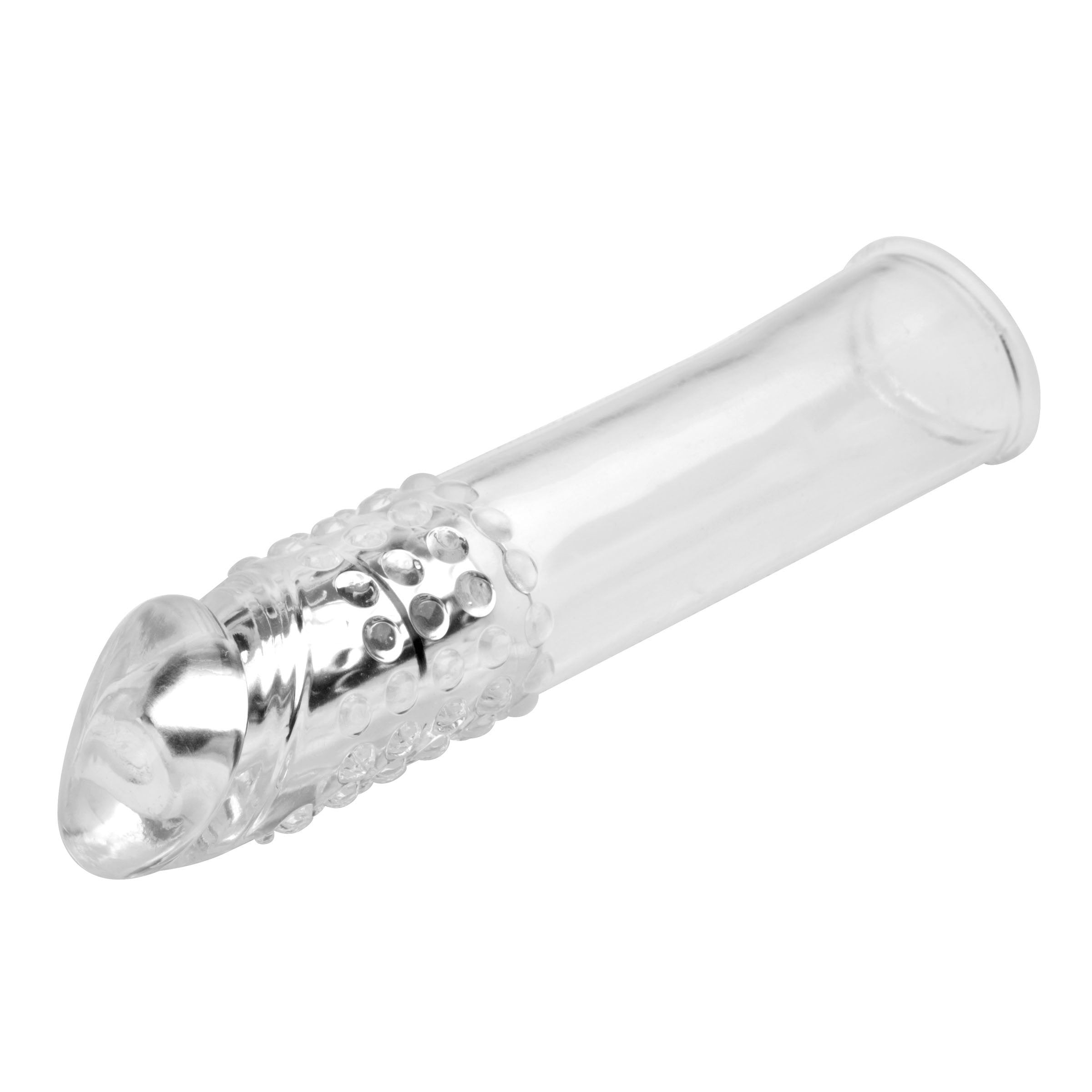 Clear Sensations Vibrating Penis Enhancer showcasing its semi-realistic design and textured exterior for enhanced pleasure.