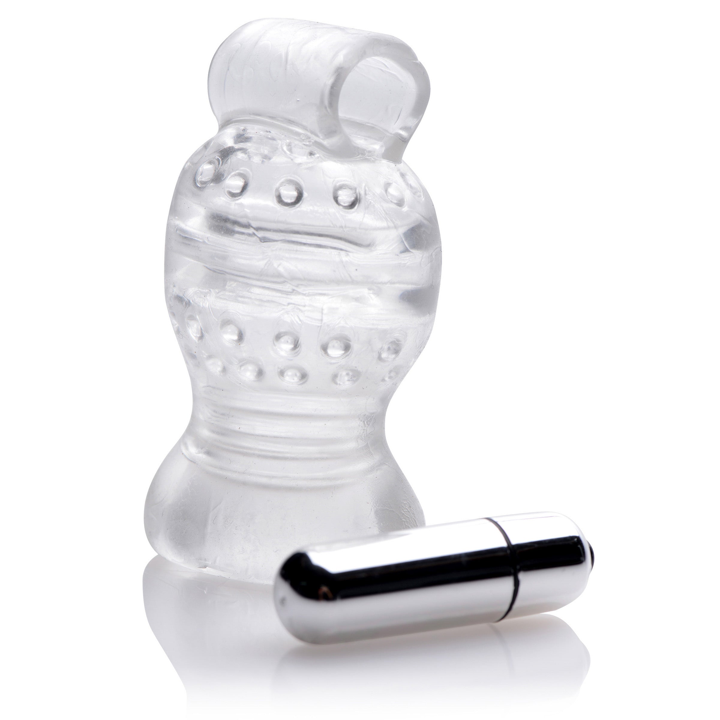 Clear vibrating penis head teaser with textured interior for enhanced pleasure and removable vibrating bullet.