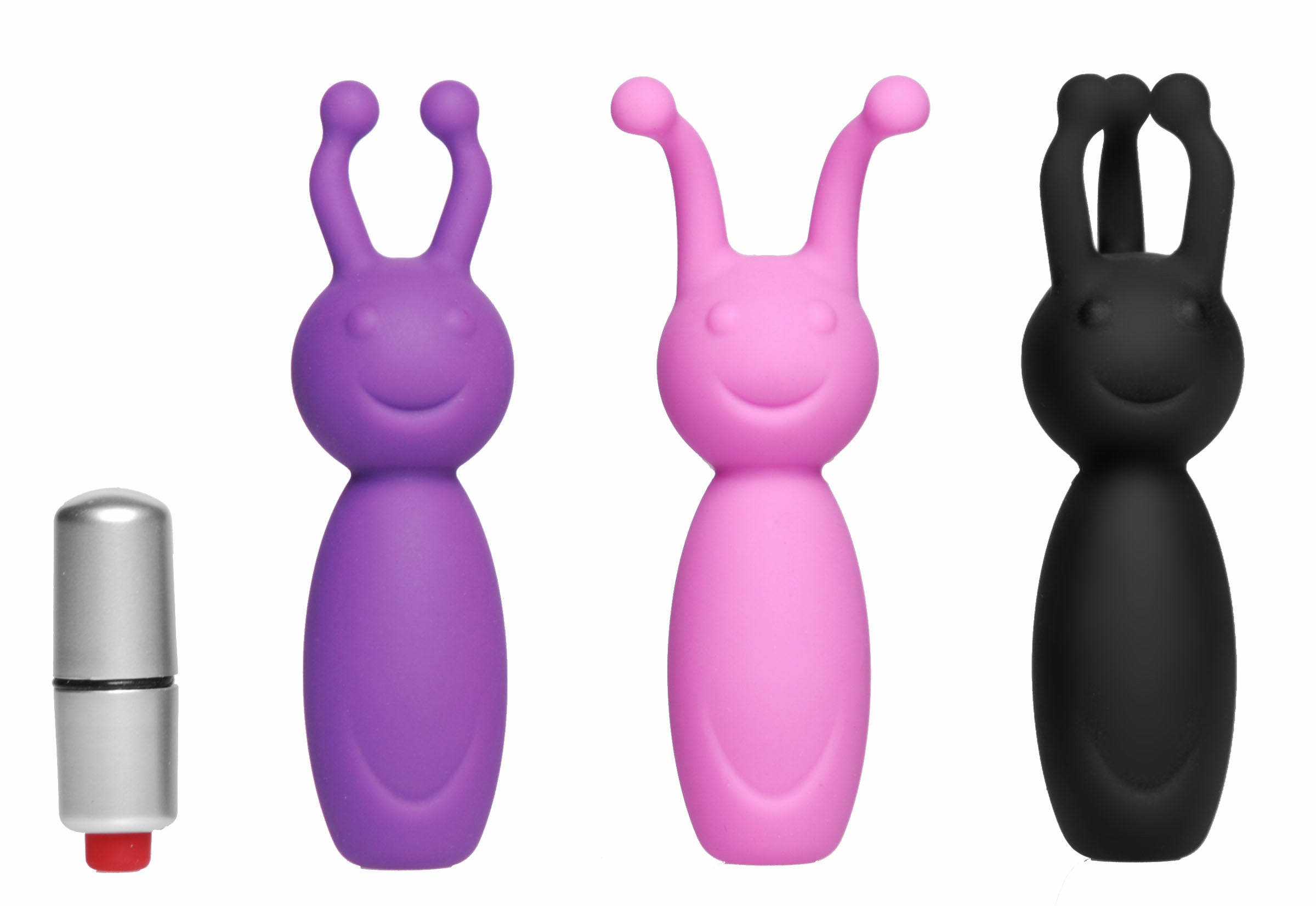 Clitters 3 Silicone Sleeves with Vibrating Bullet showcasing three colorful silicone stimulators and a mini vibrating bullet.