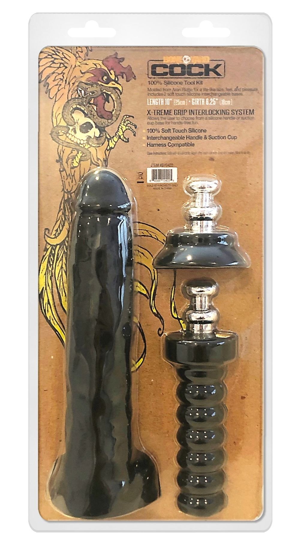 A realistic 10-inch cock molded from porn star Aron Ridge, made of soft touch silicone with interchangeable bases for versatile use.