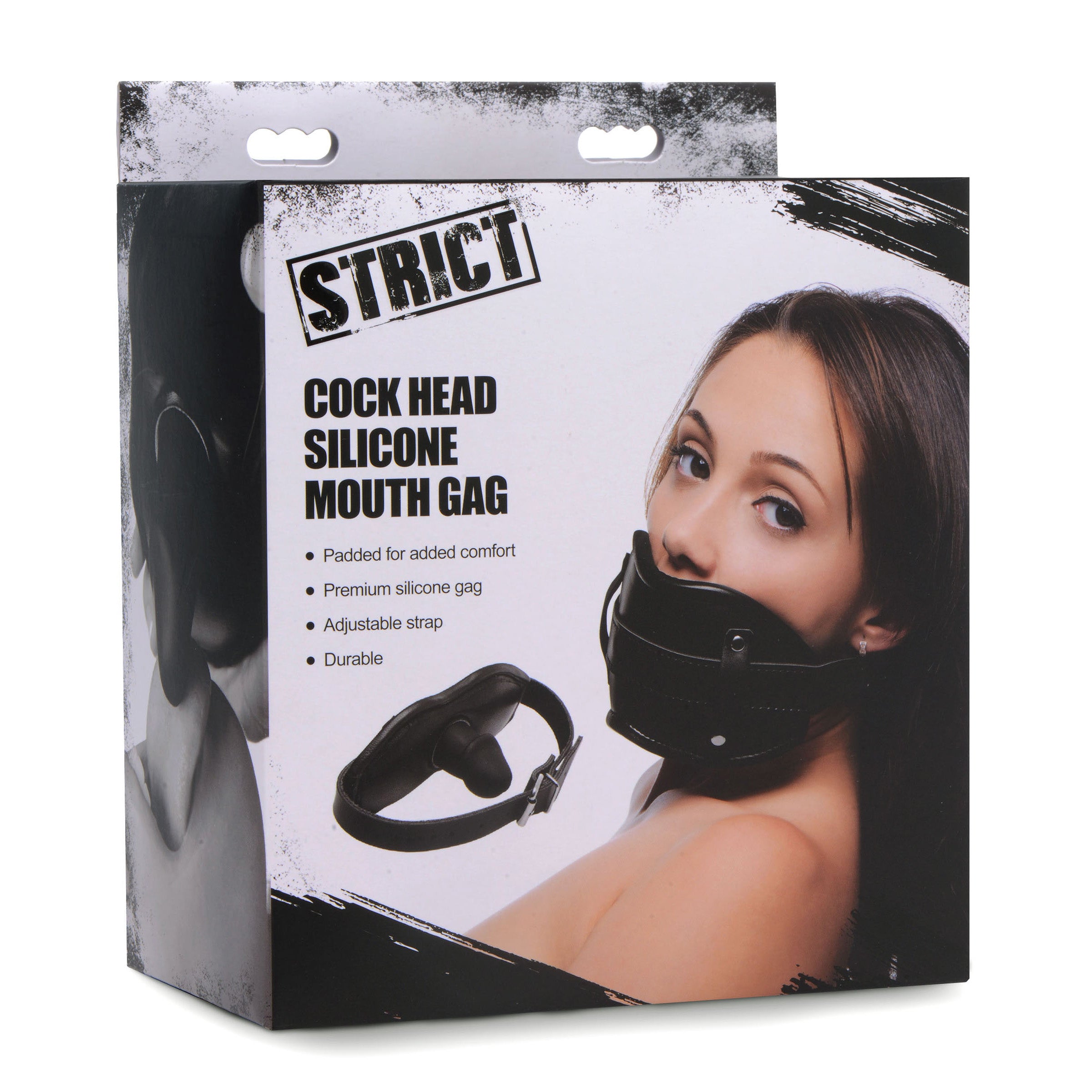 Cock Head Silicone Mouth Gag with adjustable strap, designed for BDSM play, featuring a soft silicone gag and durable materials.