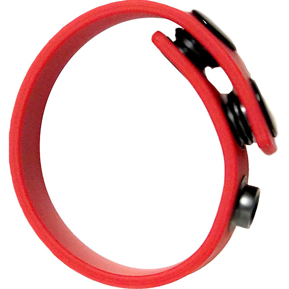 Cock Strap Red made of soft touch silicone, featuring multiple snap sizing options for a comfortable fit, ideal for enhancing intimate experiences.