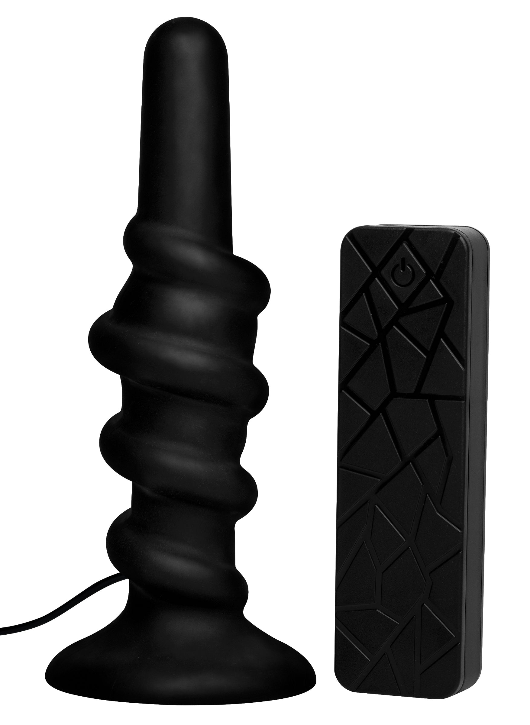 Coiled Silicone Swirl Vibrating Anal Plug with Remote, featuring a unique design and strong suction cup base for enhanced anal play.