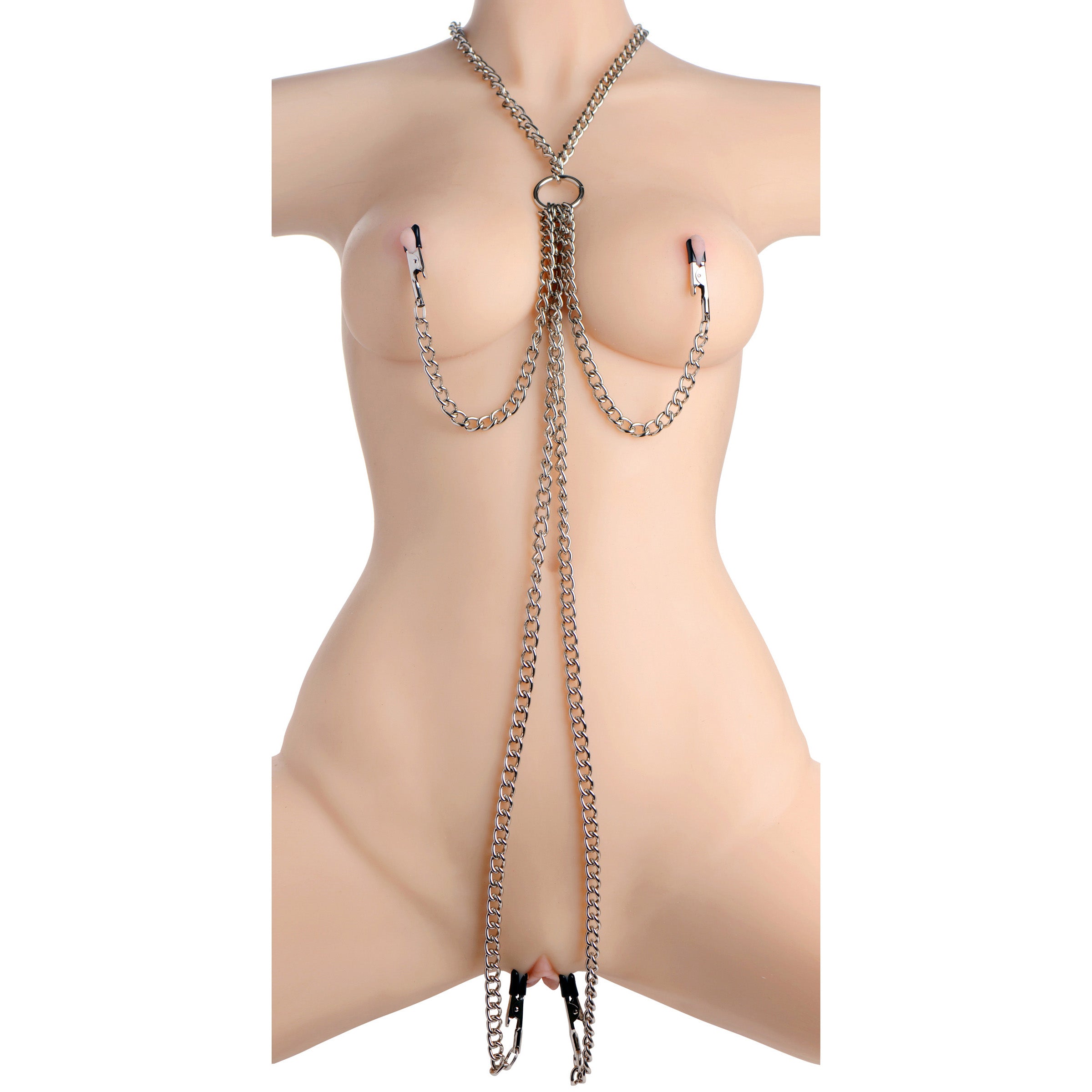 Collar Nipple and Clit Clamp Set featuring a silver chain collar and vinyl-coated clamps for enhanced stimulation.