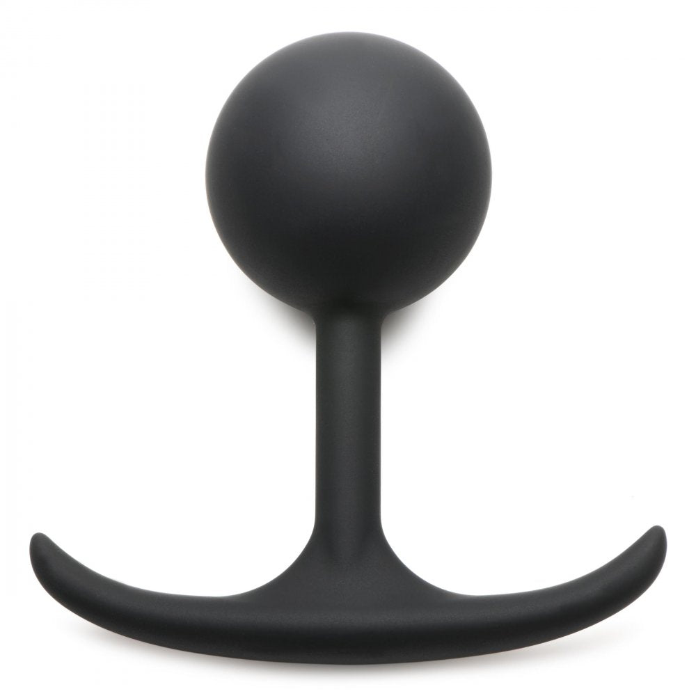 Comfort Plugs Premium Silicone 4.4" Weighted Round Plug in black, showcasing its round bulb and slim neck design for comfortable anal play.