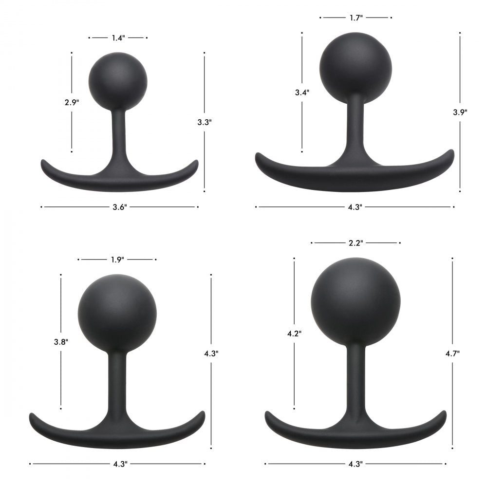 Comfort Plugs Premium Silicone 4.4" Weighted Round Plug in black, showcasing its round bulb and slim neck design for comfortable anal play.