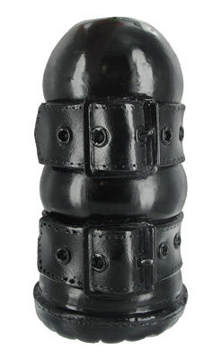 The Conquest Stroker, a black TPR pleasure device with a buckled strap design and ribbed tunnel for enhanced stimulation.