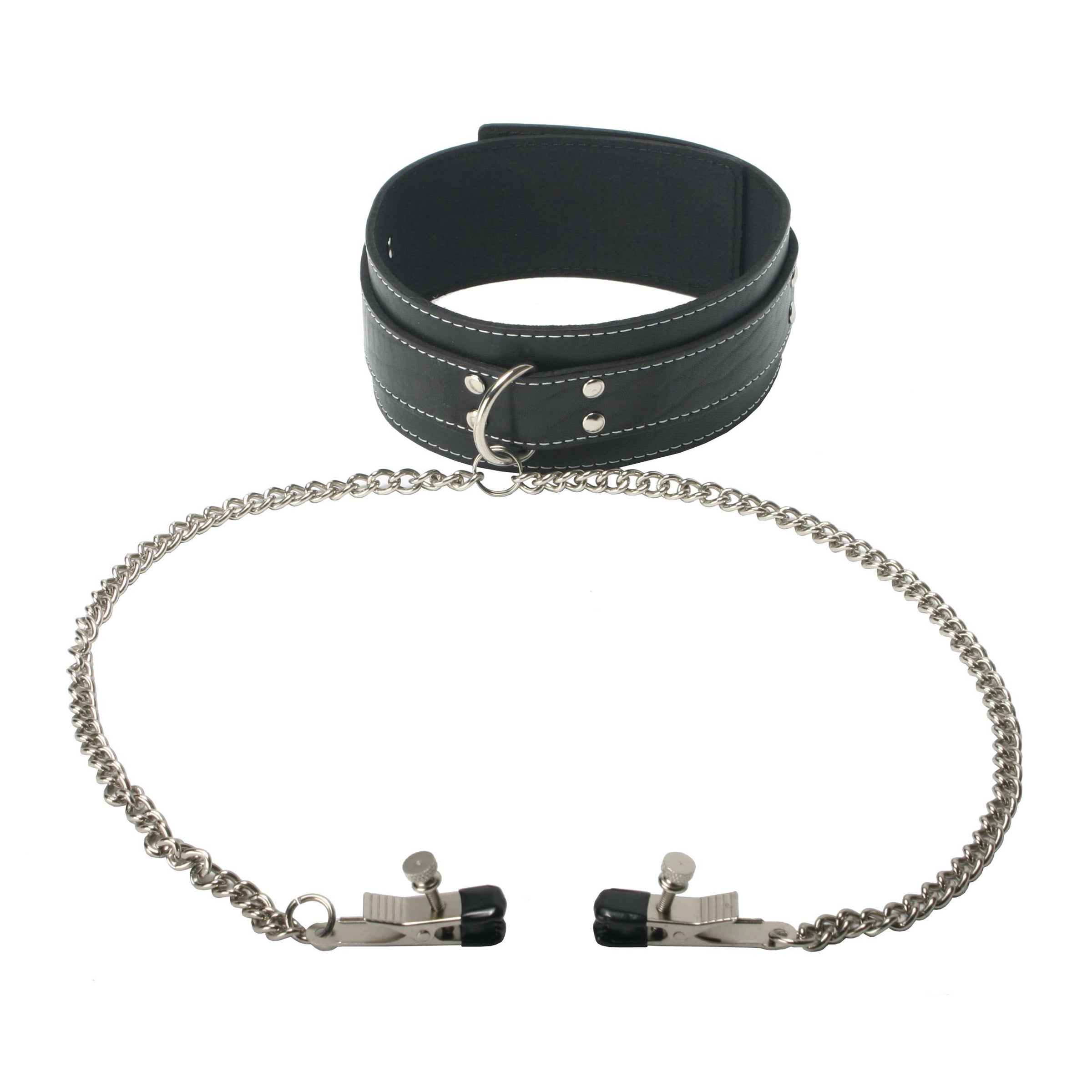 Coveted Collar and Clamp Union featuring black leather and silver metal, adjustable for neck sizes 14-18 inches.