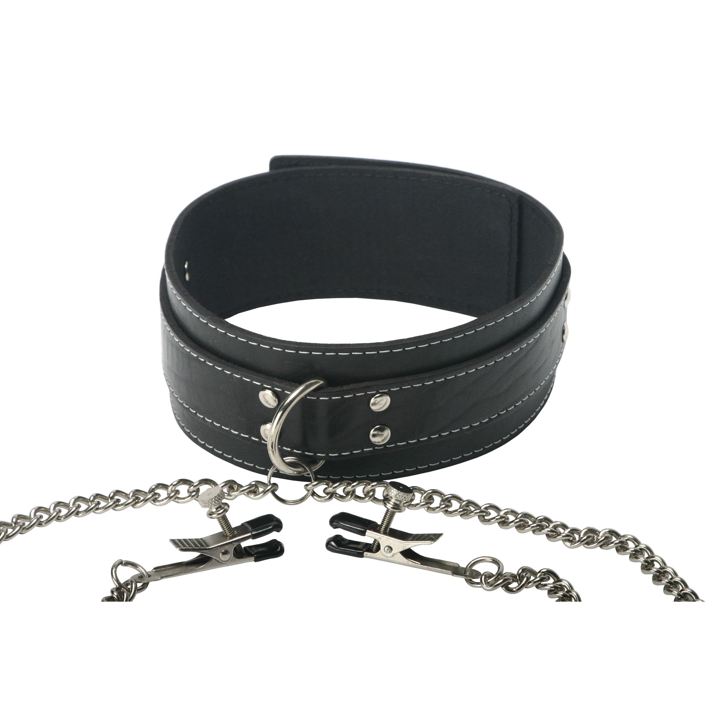 Coveted Collar and Clamp Union featuring black leather and silver metal, adjustable for neck sizes 14-18 inches.