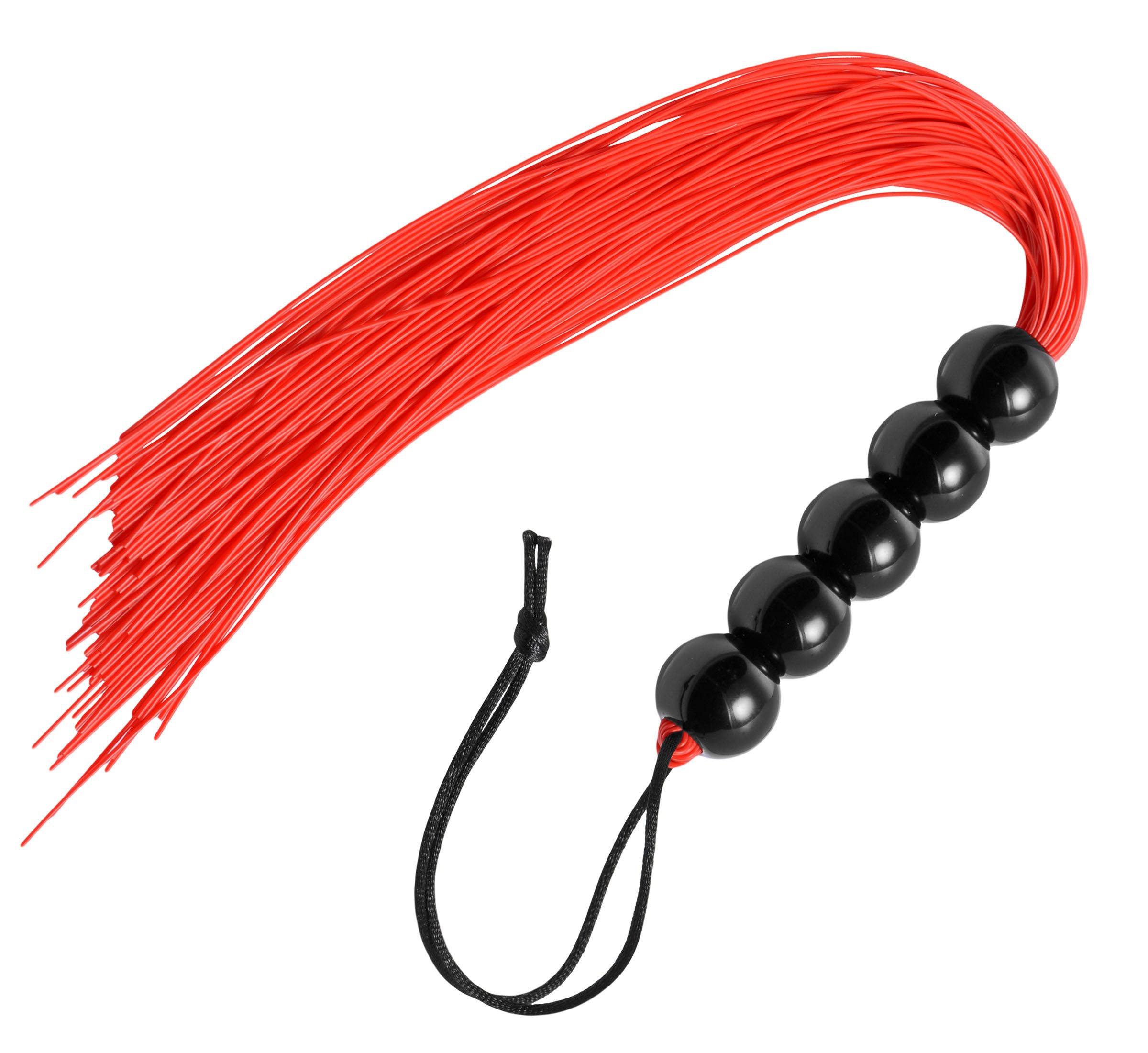 Crimson Tied Afterglow Rubber Flogger with a beaded handle, showcasing its flexible rubber strands and wrist loop.