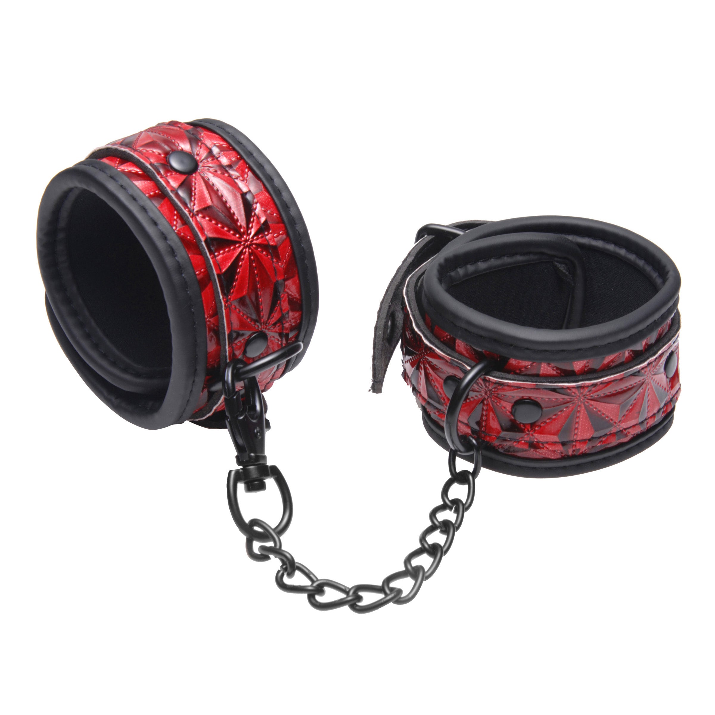 Crimson Tied Embossed Ankle Cuffs featuring red and black vinyl design with adjustable buckle and black chain.