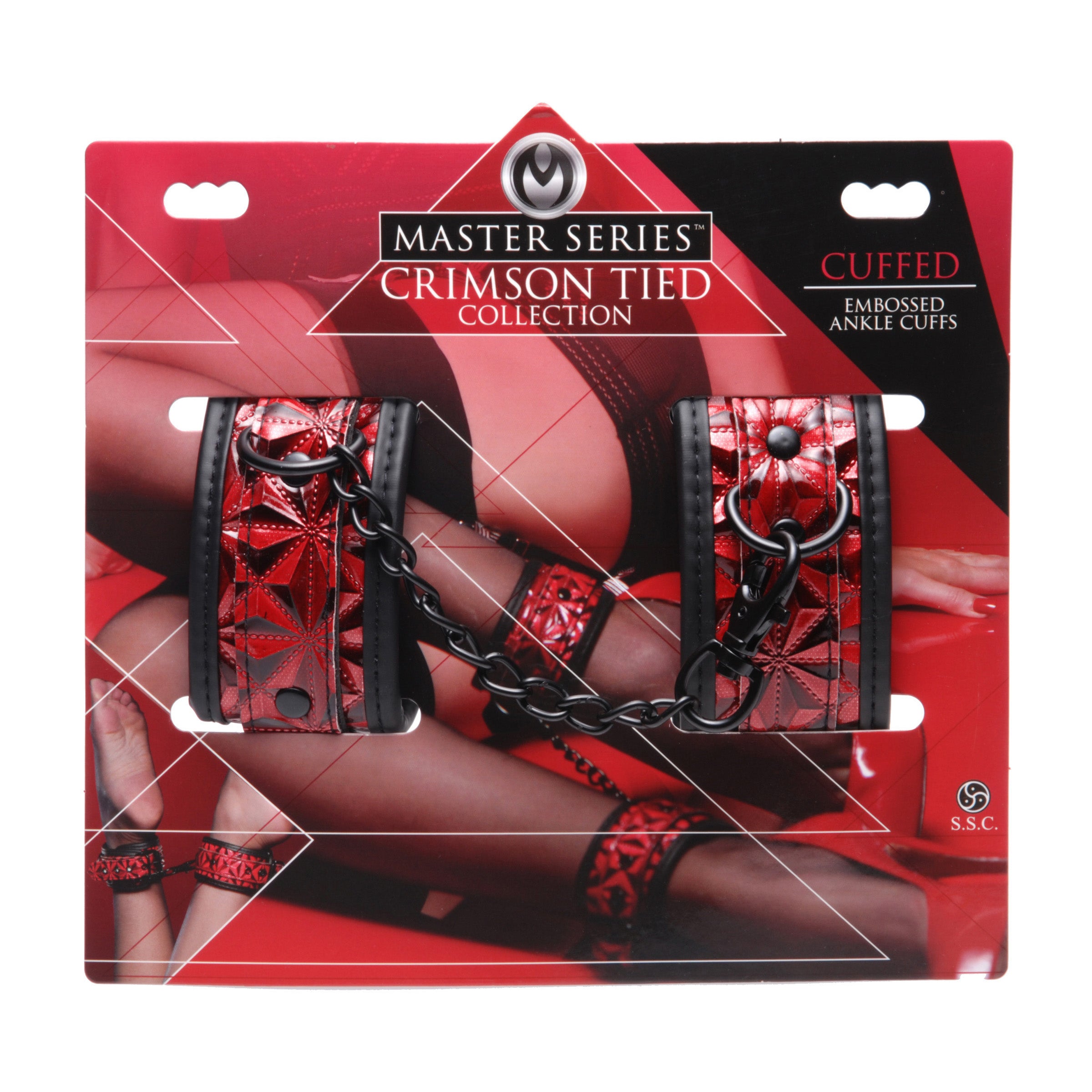 Crimson Tied Embossed Ankle Cuffs featuring red and black vinyl design with adjustable buckle and black chain.