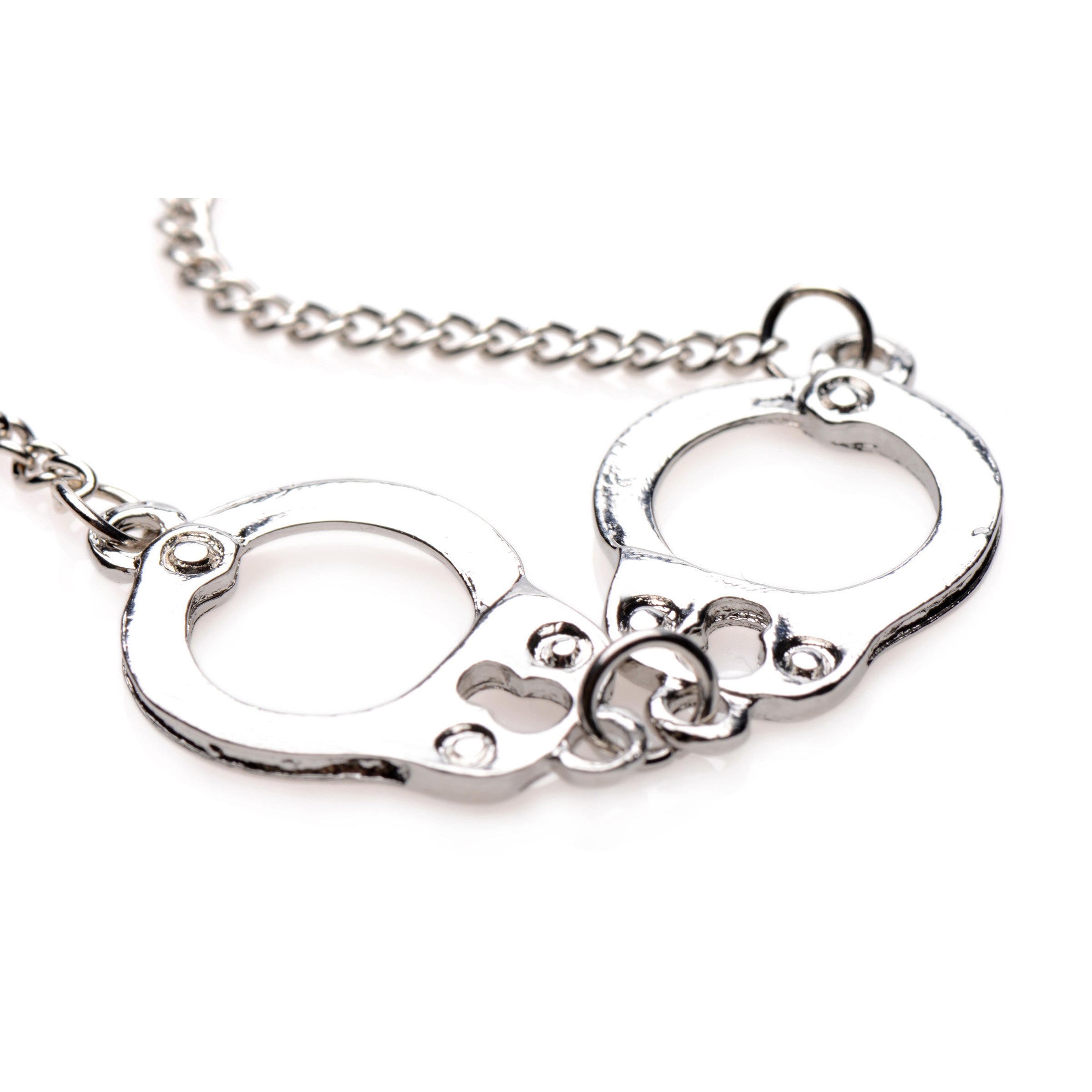 Cuff Her Handcuff Necklace featuring a dainty handcuff design on a grey curb link chain, perfect for stylish expression.