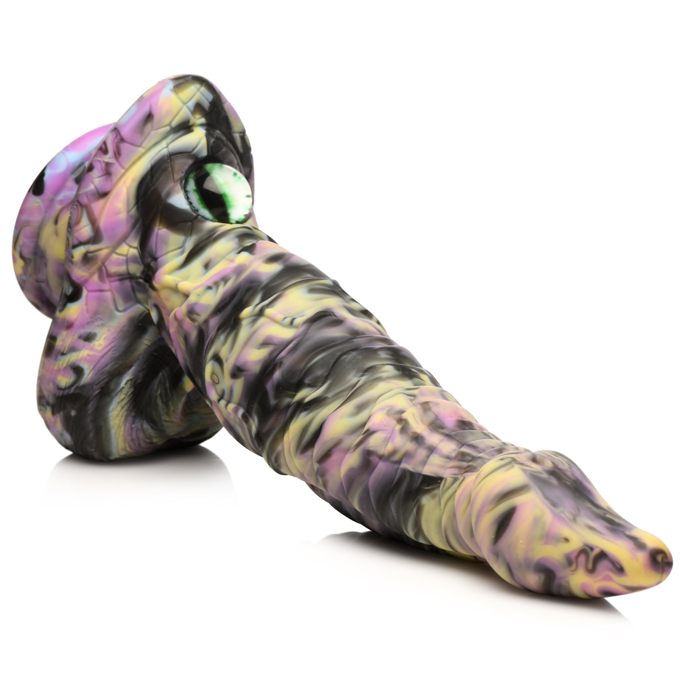 A vibrant Cyclops Monster Silicone Dildo featuring a tapered shaft, textured surface, and a glass cat-eye at the base, designed for pleasure.