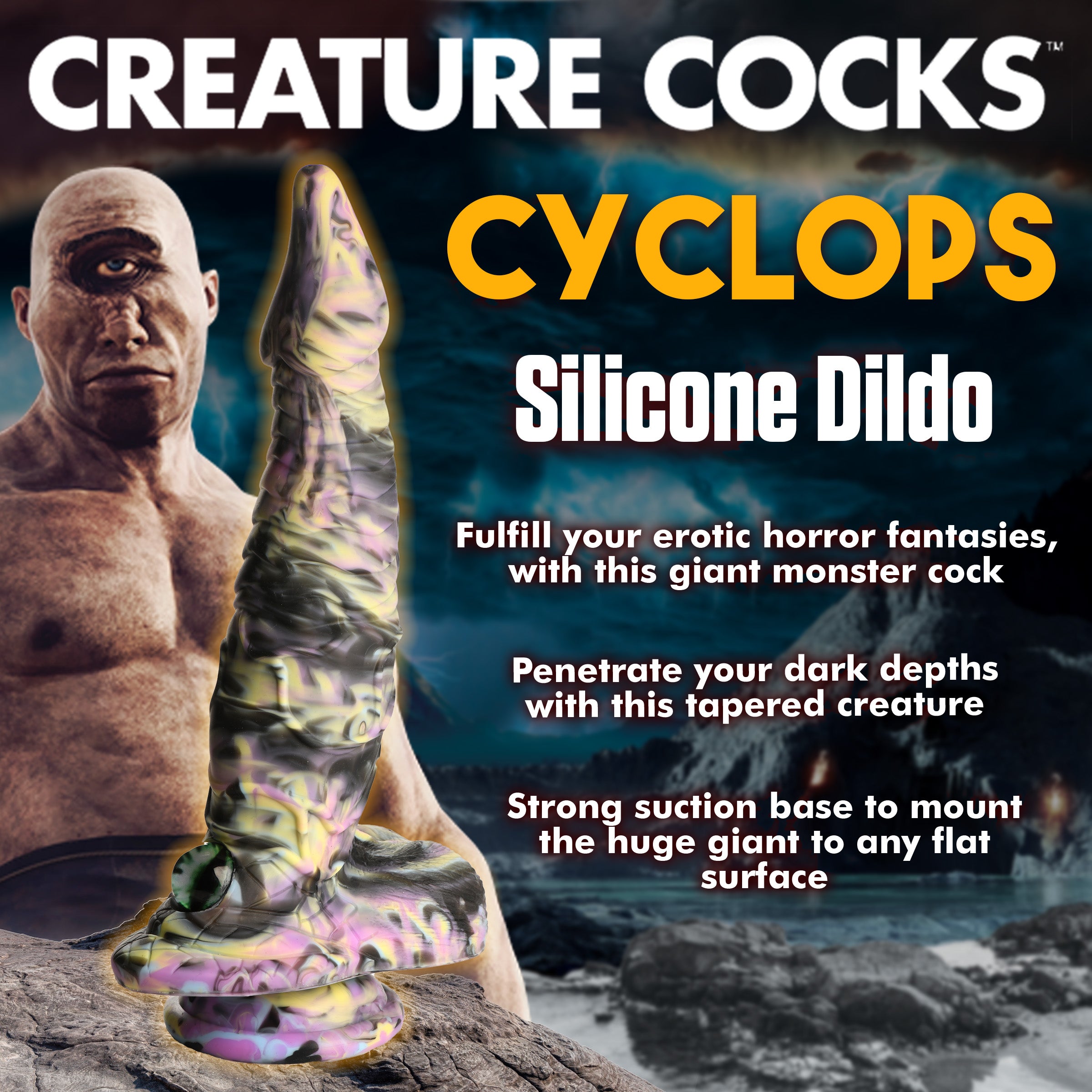 A vibrant Cyclops Monster Silicone Dildo featuring a tapered shaft, textured surface, and a glass cat-eye at the base, designed for pleasure.