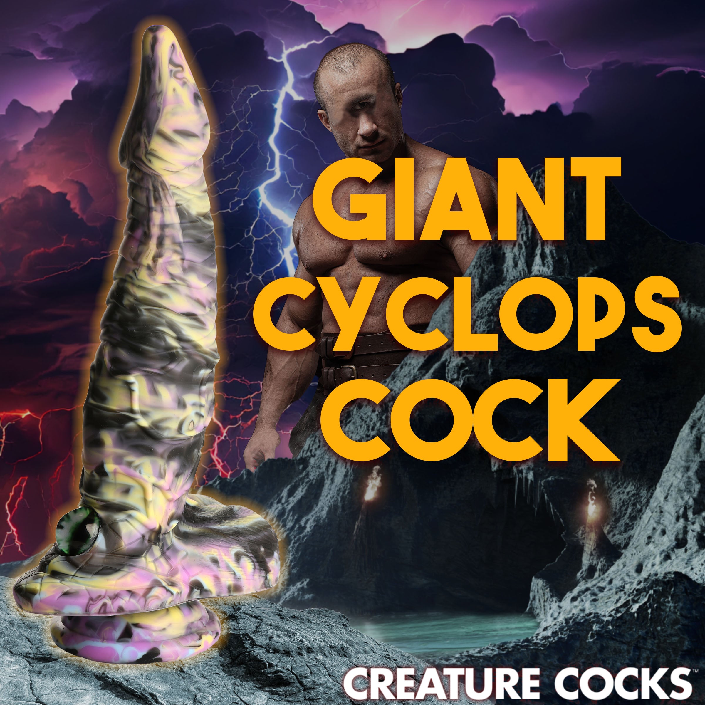 A vibrant Cyclops Monster Silicone Dildo featuring a tapered shaft, textured surface, and a glass cat-eye at the base, designed for pleasure.