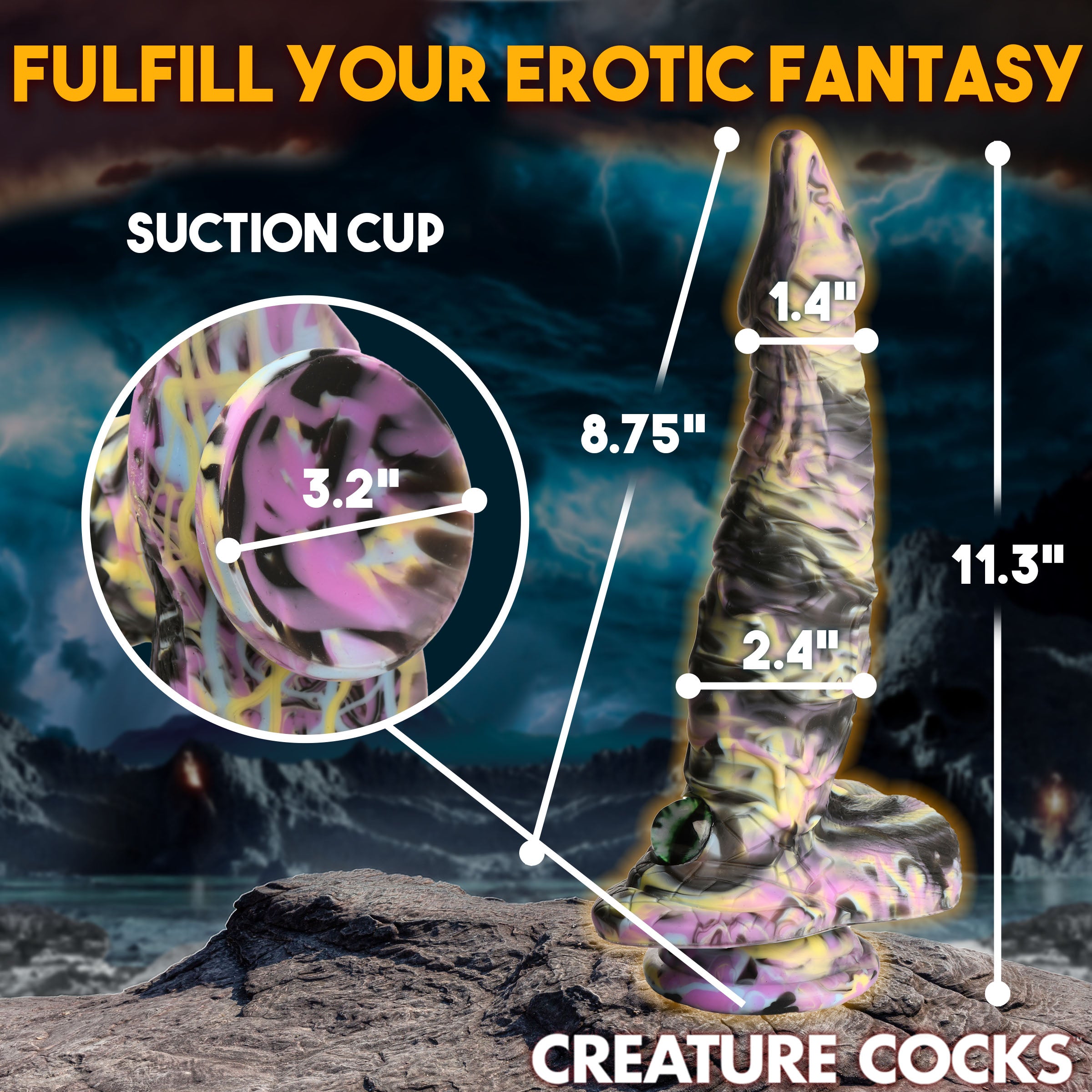 A vibrant Cyclops Monster Silicone Dildo featuring a tapered shaft, textured surface, and a glass cat-eye at the base, designed for pleasure.