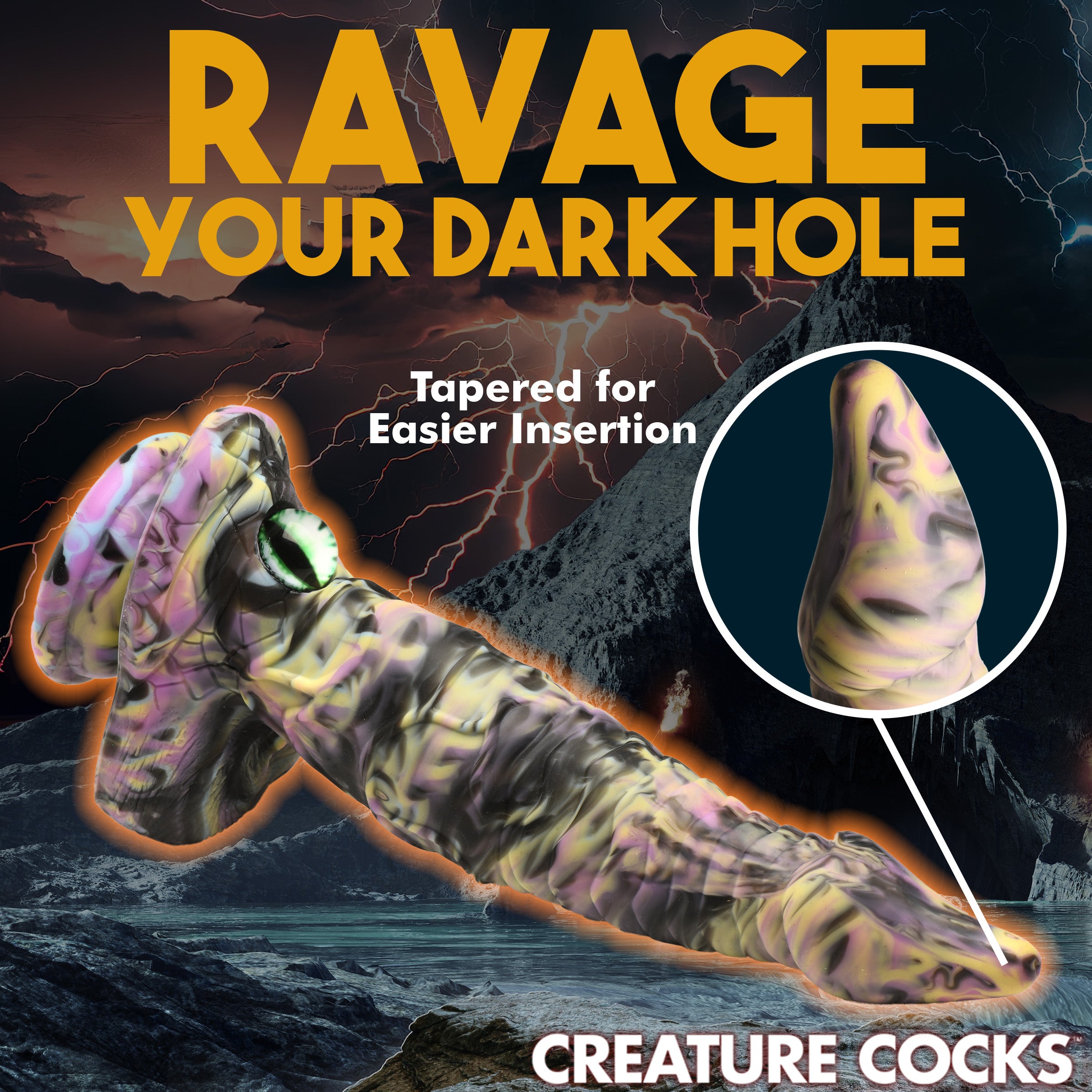 A vibrant Cyclops Monster Silicone Dildo featuring a tapered shaft, textured surface, and a glass cat-eye at the base, designed for pleasure.