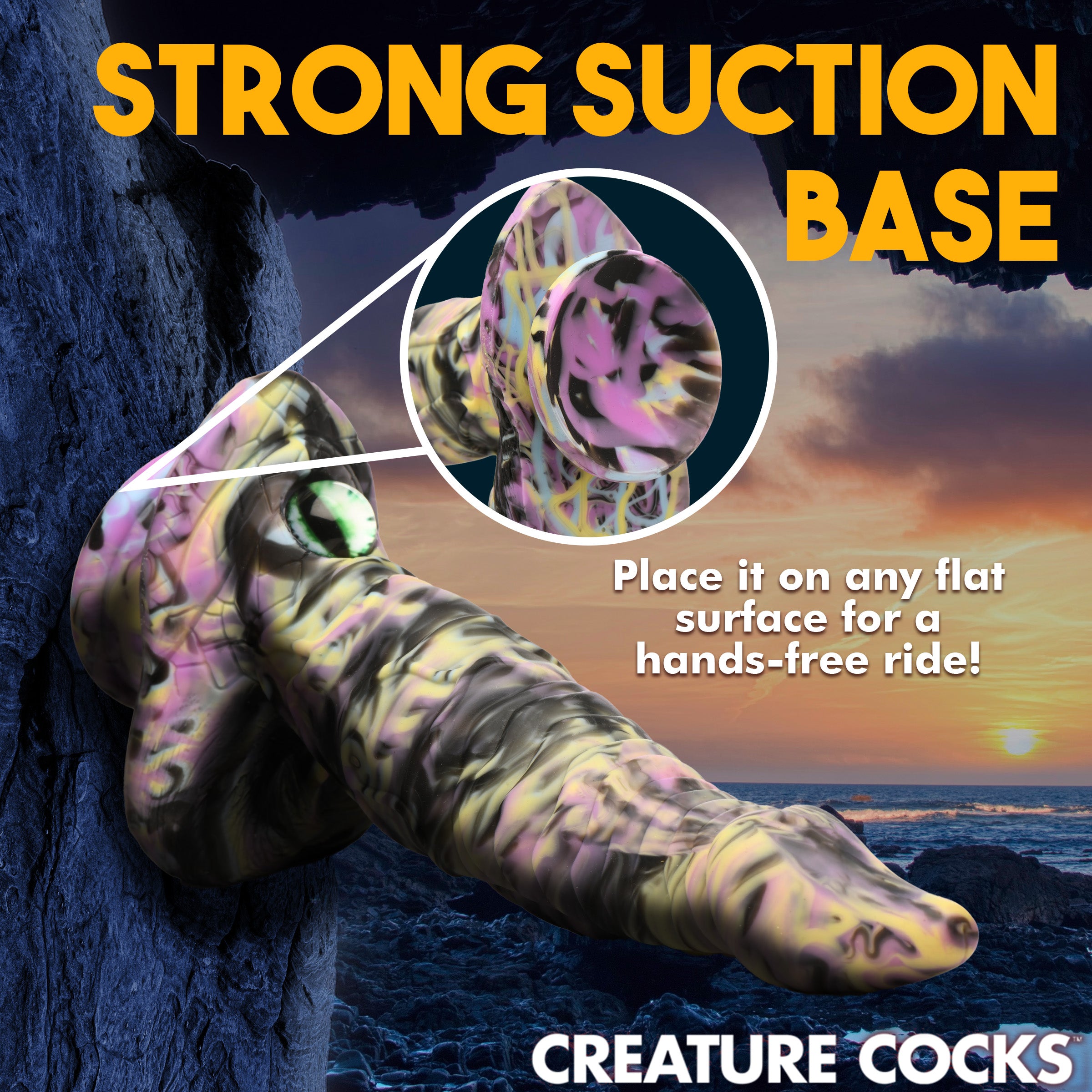 A vibrant Cyclops Monster Silicone Dildo featuring a tapered shaft, textured surface, and a glass cat-eye at the base, designed for pleasure.