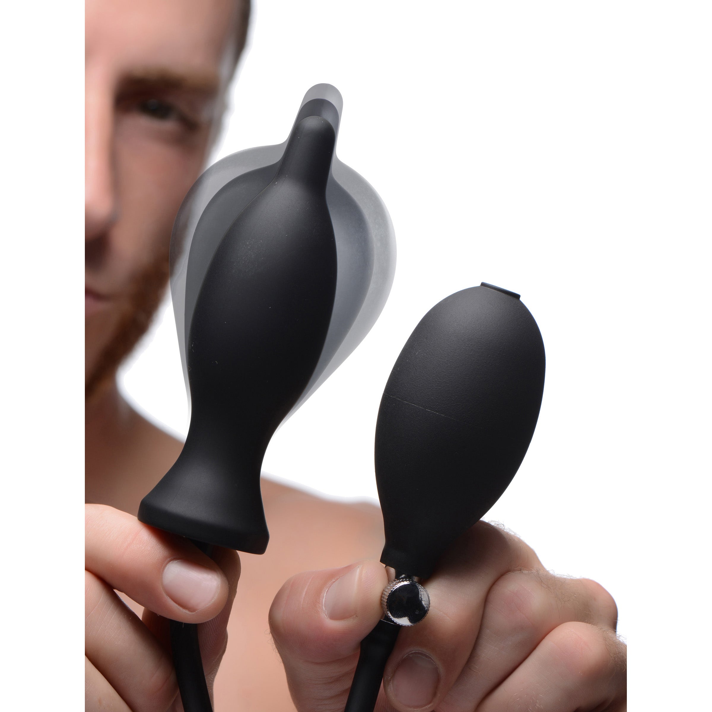 Dark Inflator Inflatable Anal Plug in black silicone, showcasing its tapered tip and hand bulb for inflation.