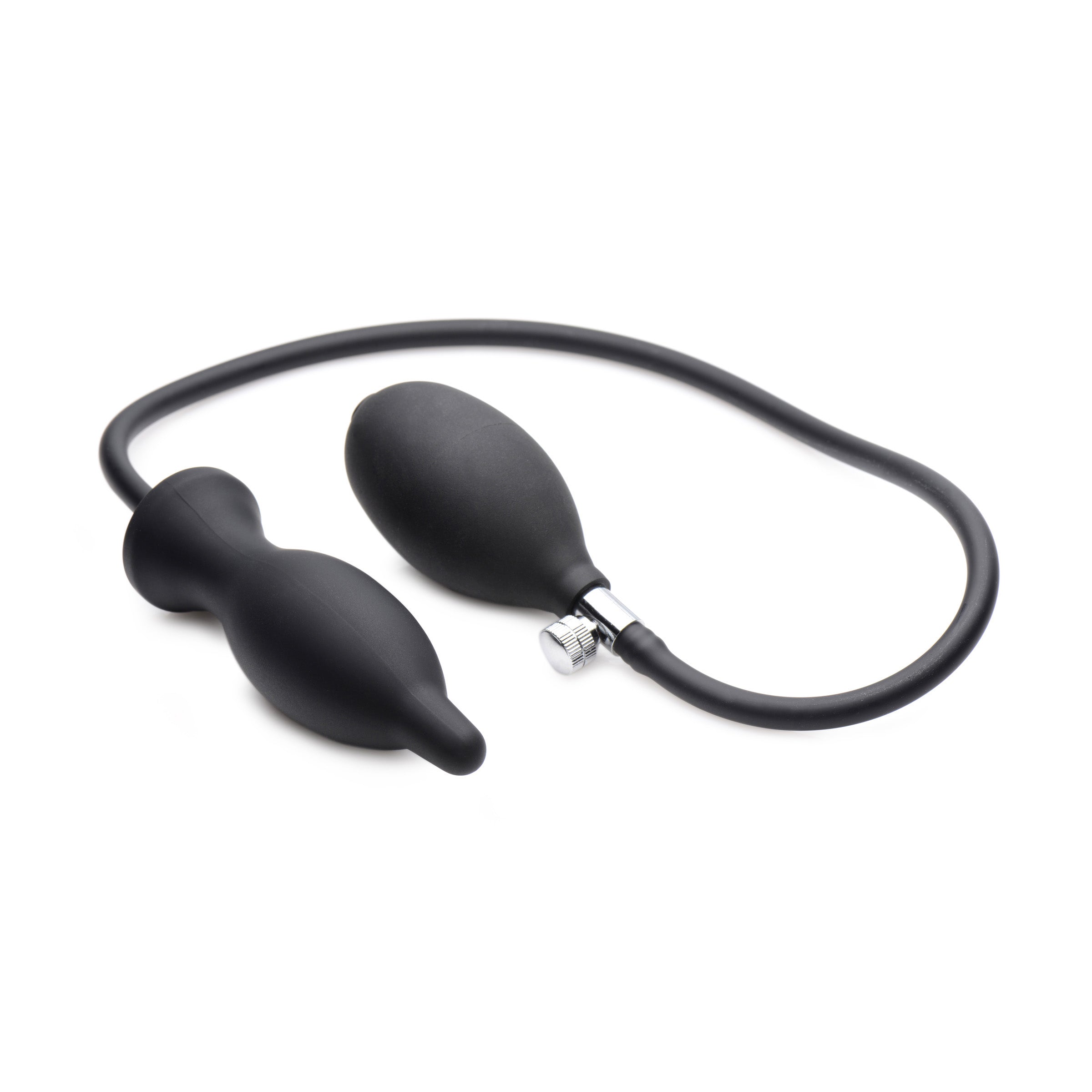 Dark Inflator Inflatable Anal Plug in black silicone, showcasing its tapered tip and hand bulb for inflation.