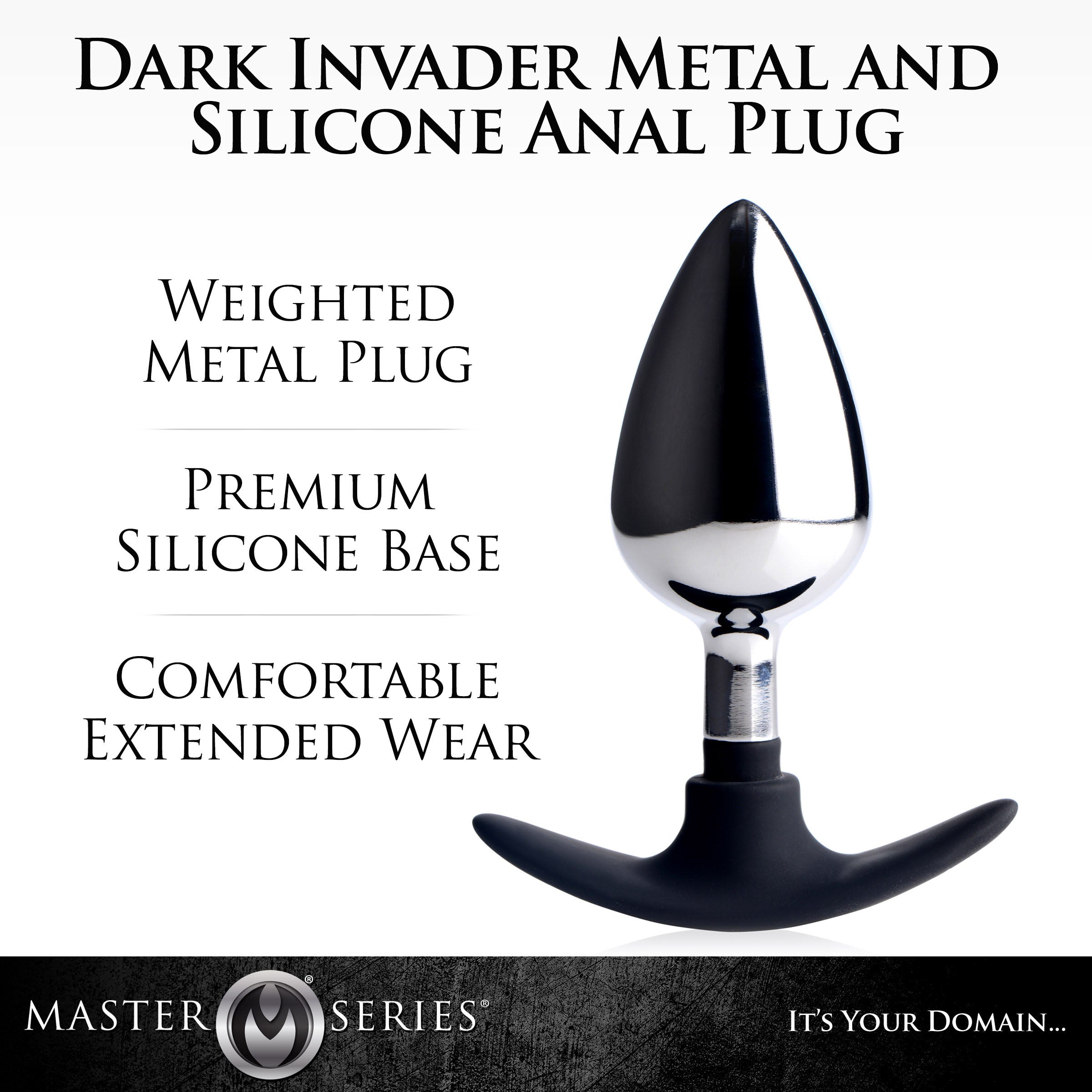 Dark Invader Metal and Silicone Anal Plug - Large, featuring a heavy metal core and a soft silicone base for comfortable anal play.