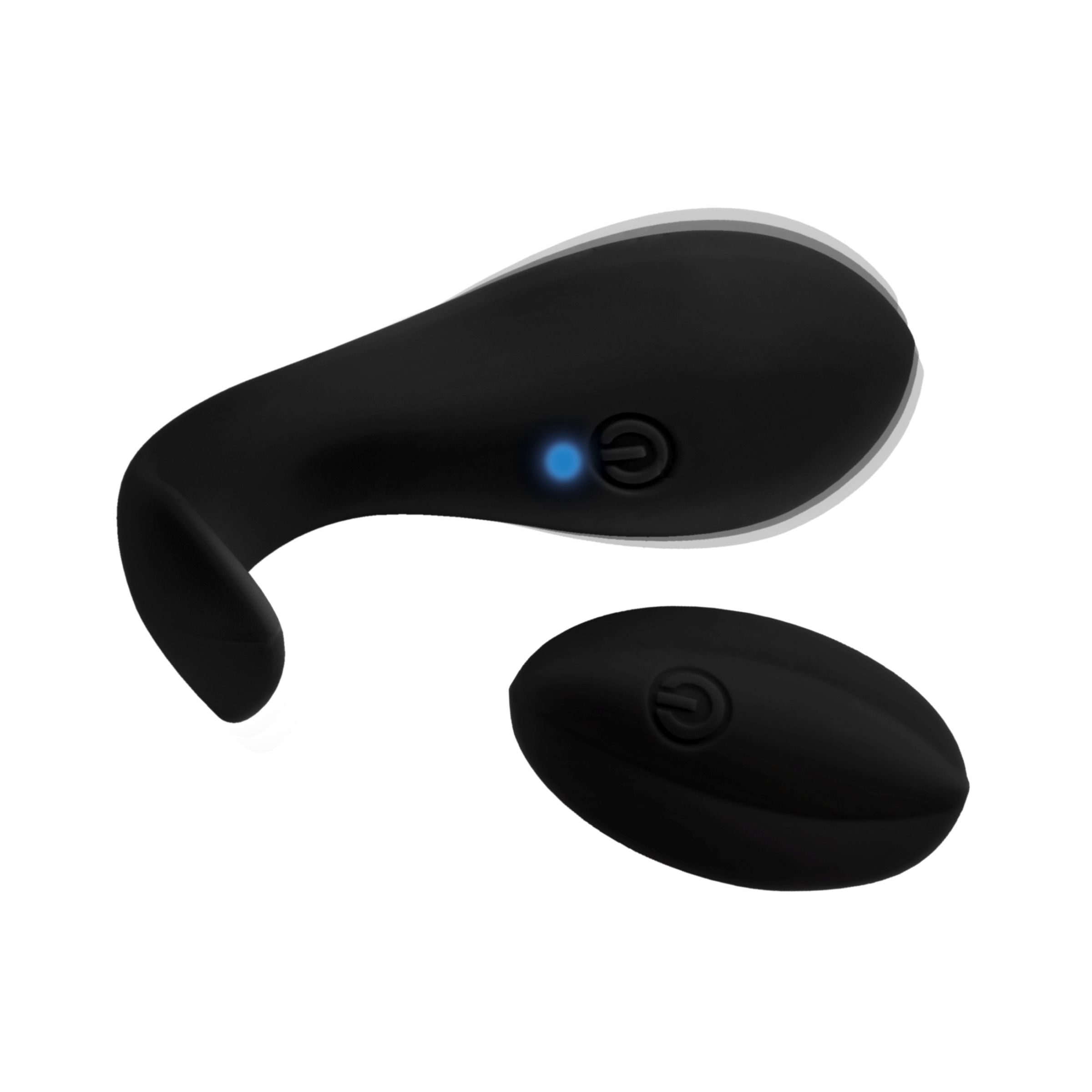 Dark Pod Rechargeable Remote Control Vibrating Egg in sleek black silicone, showcasing its curved design and remote control.