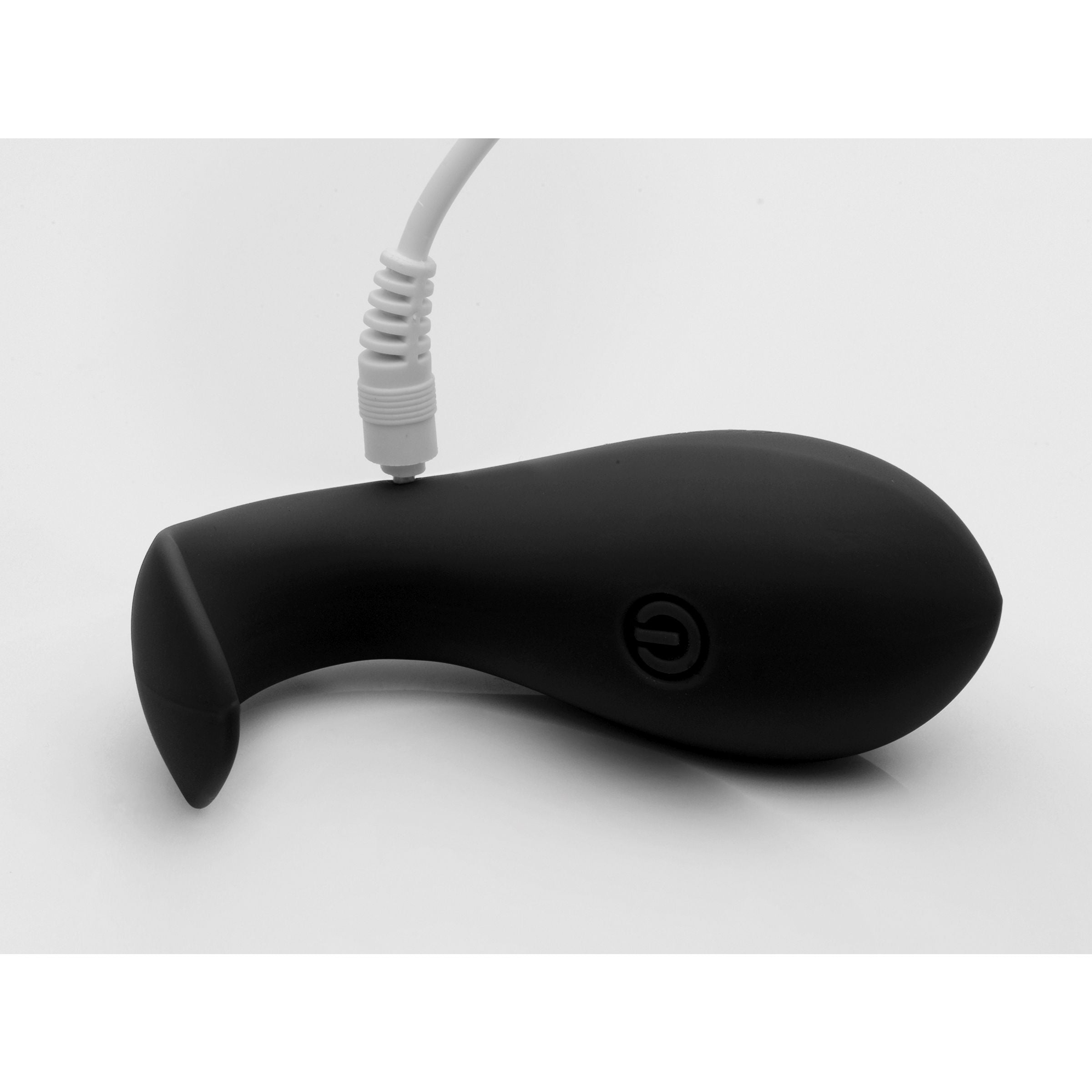 Dark Pod Rechargeable Remote Control Vibrating Egg in sleek black silicone, showcasing its curved design and remote control.