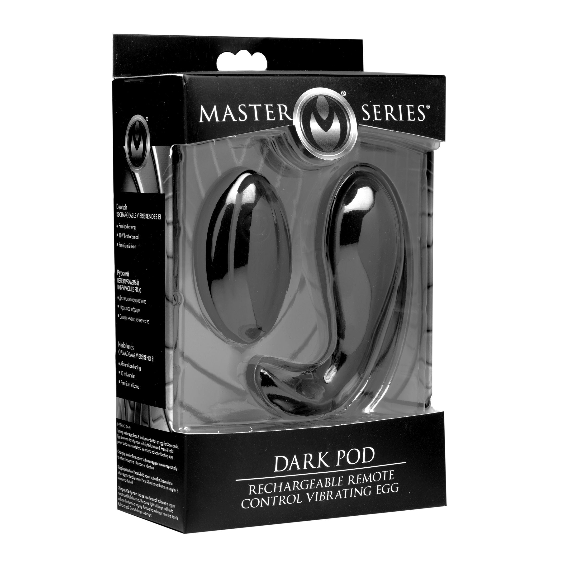 Dark Pod Rechargeable Remote Control Vibrating Egg in sleek black silicone, showcasing its curved design and remote control.