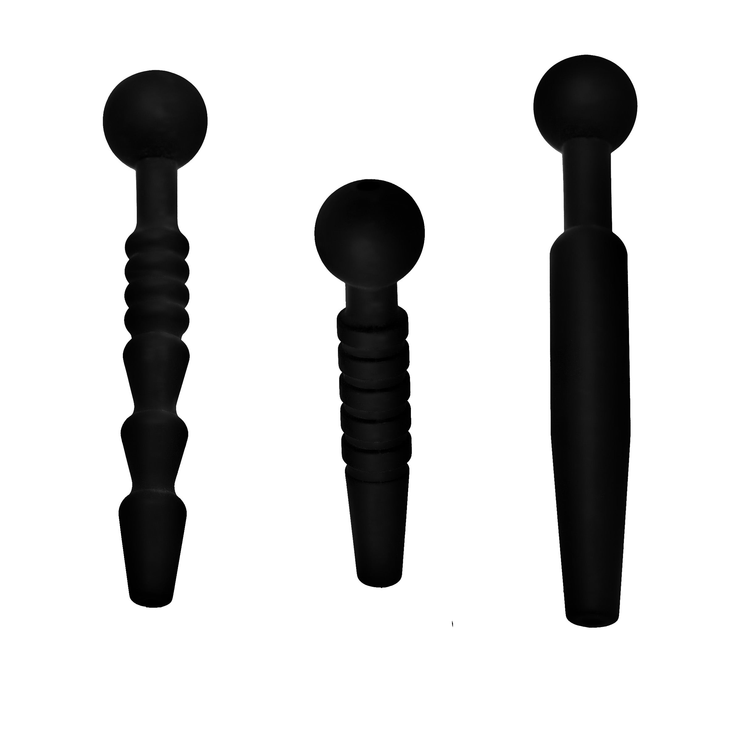 Dark Rods 3 Piece Silicone Penis Plug Set featuring three different sizes and textures for urethral play, made from body-safe black silicone.