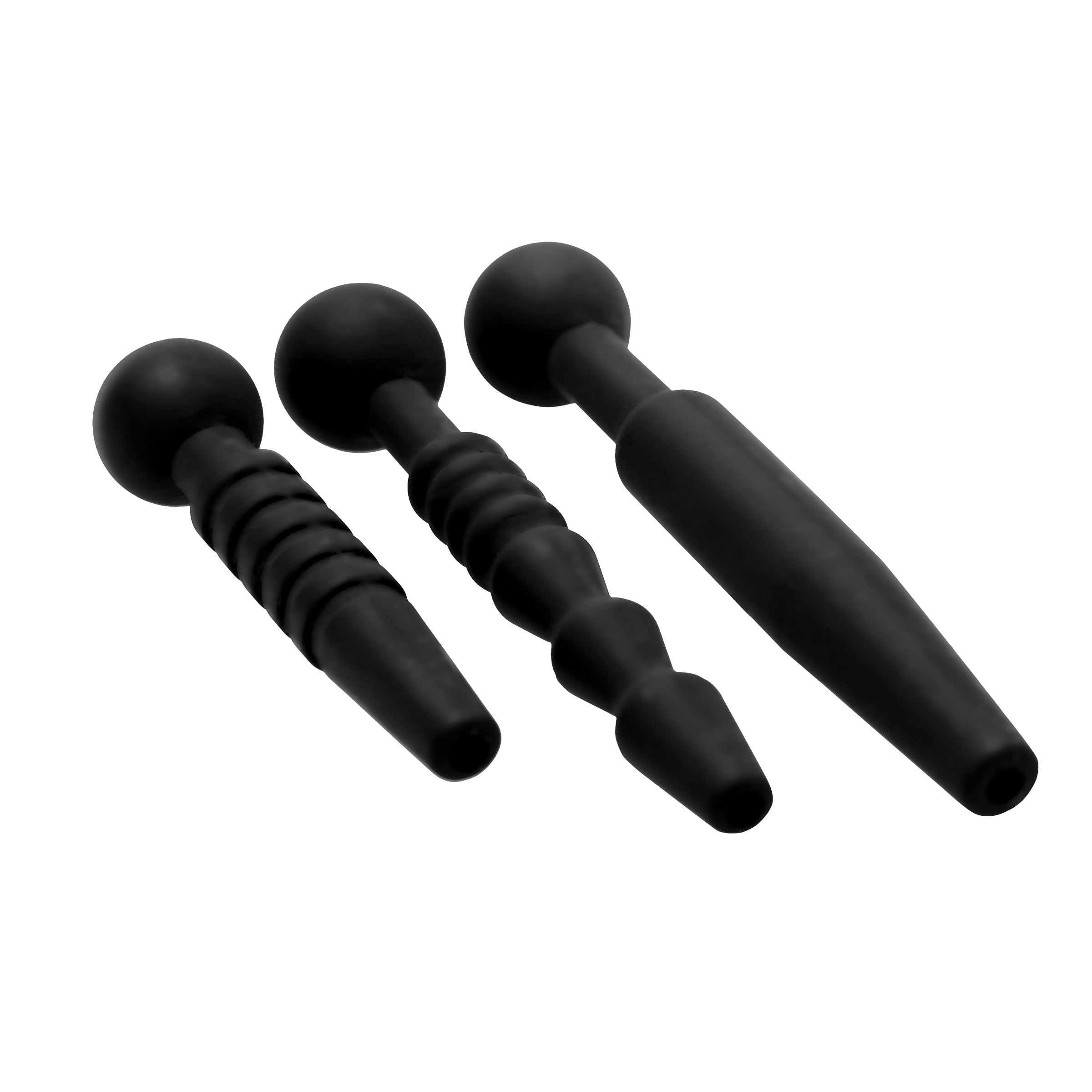 Dark Rods 3 Piece Silicone Penis Plug Set featuring three different sizes and textures for urethral play, made from body-safe black silicone.