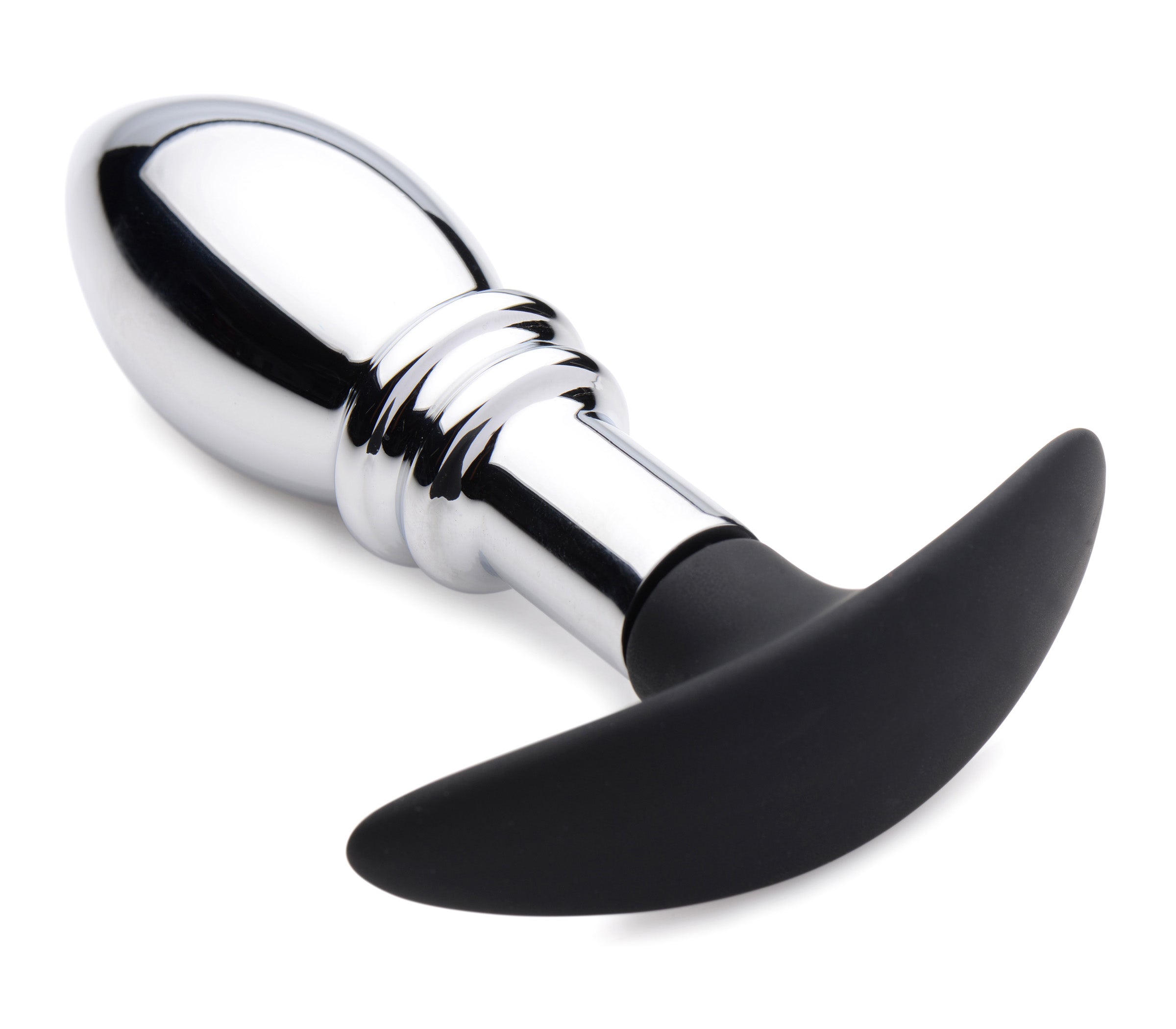 Dark Stopper Metal and Silicone Anal Plug with smooth bulb and ridges, designed for comfort and pleasure.