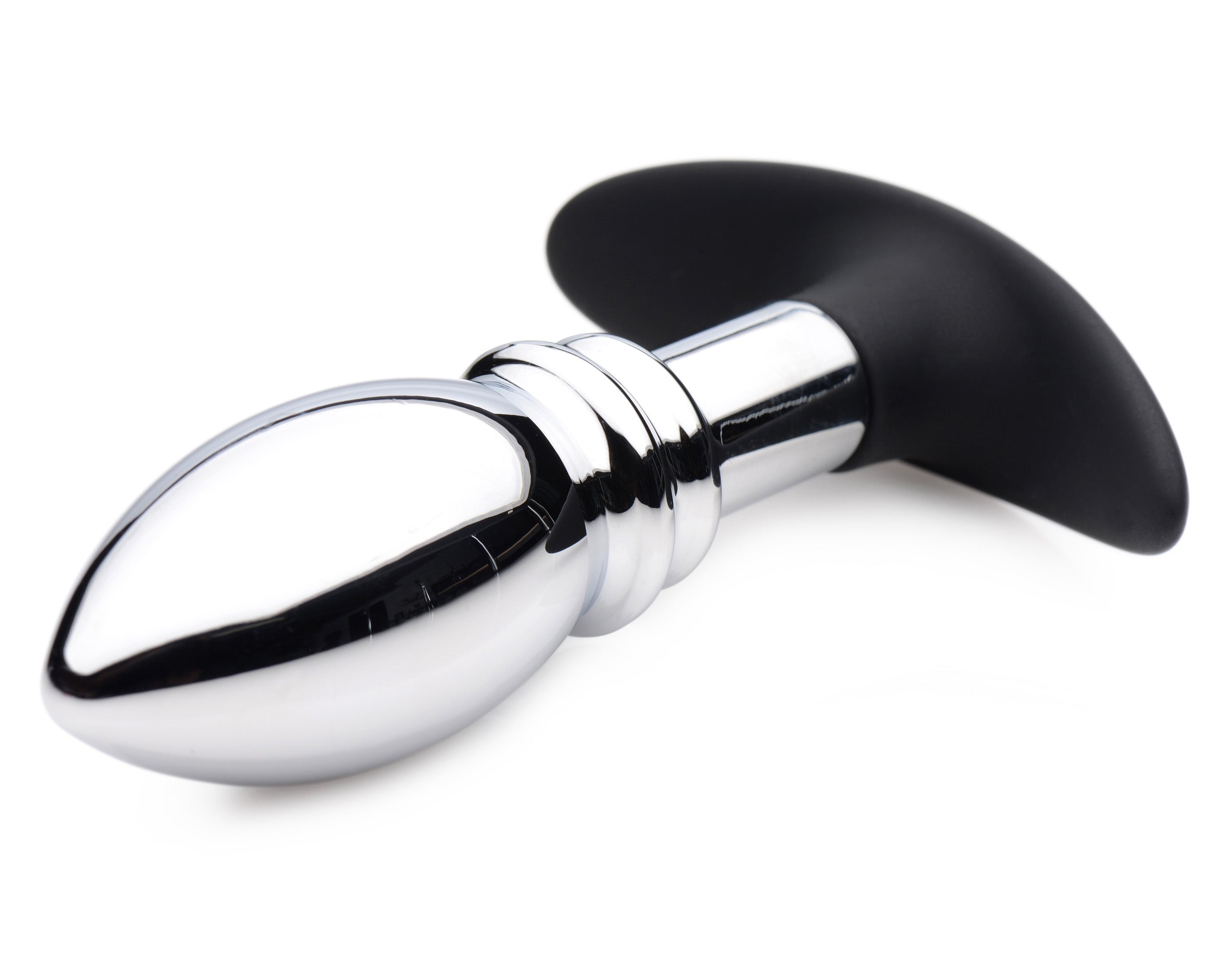 Dark Stopper Metal and Silicone Anal Plug with smooth bulb and ridges, designed for comfort and pleasure.