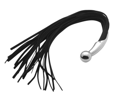 Dazzling Eminence Flogger with 23 leather tails and a silver metal handle, showcasing its elegant design and craftsmanship.