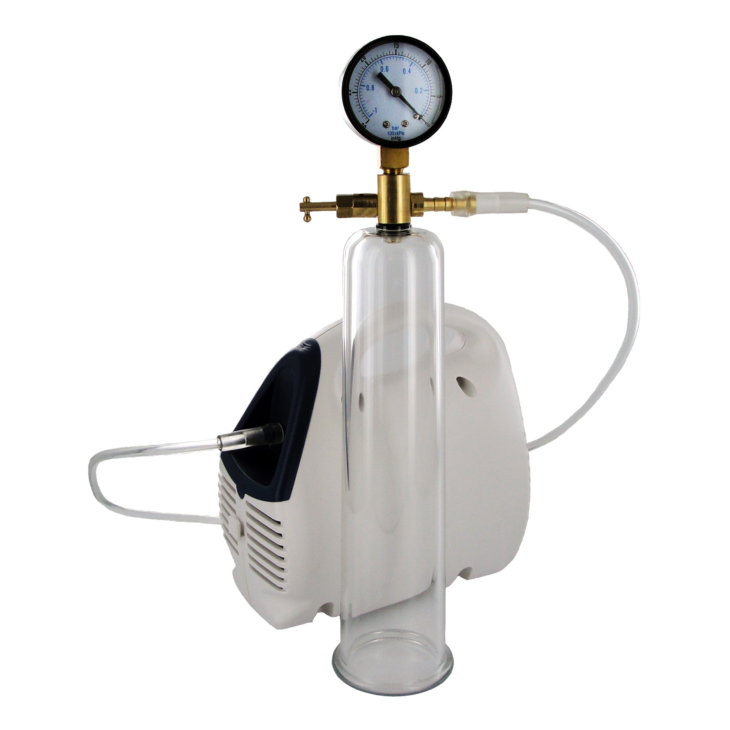 Deluxe Electric Pump with Cylinder and Gauge, featuring a brass pressure valve and included cock rings for enhanced pleasure.