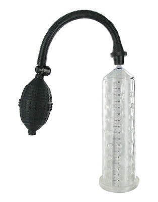 Deluxe Penis Pump with Nubbed Sleeve showcasing a clear cylinder, black hose, and hand pump for enhanced stimulation.