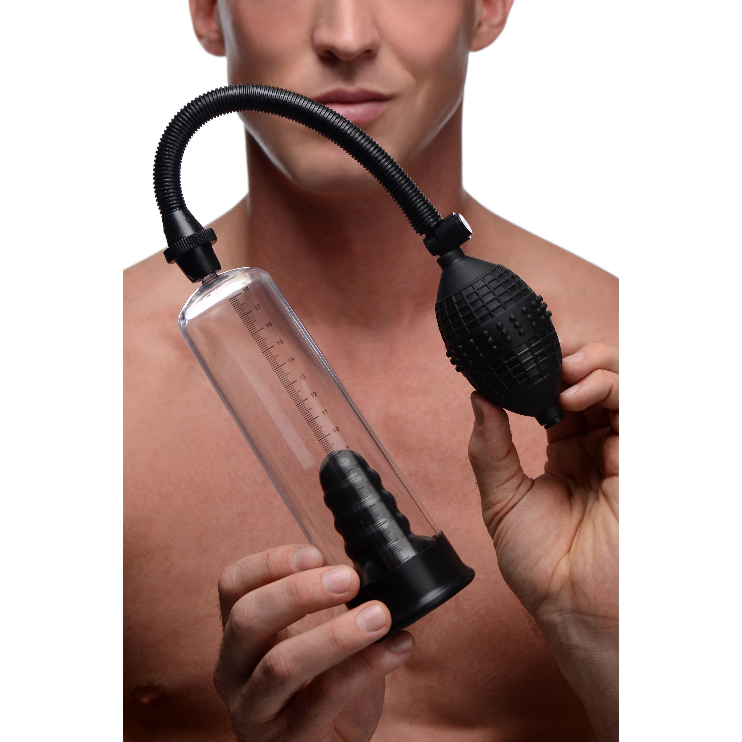 Deluxe Penis Pump with Suction Sleeve, featuring a black cylinder and hand pump for enhanced erection size.