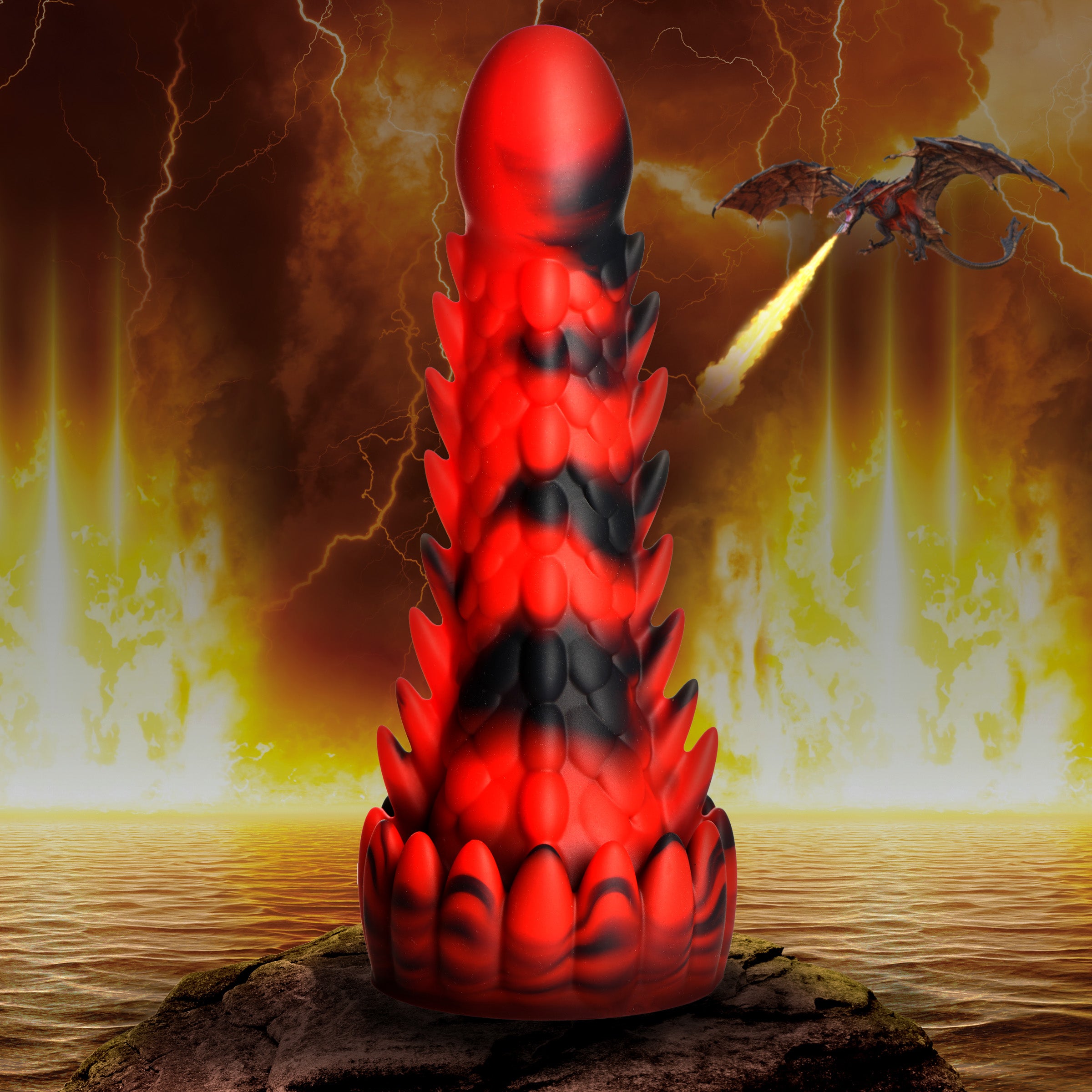 Demon Rising Scaly Dragon Silicone Dildo in red and black, featuring textured shaft and suction cup base for hands-free pleasure.