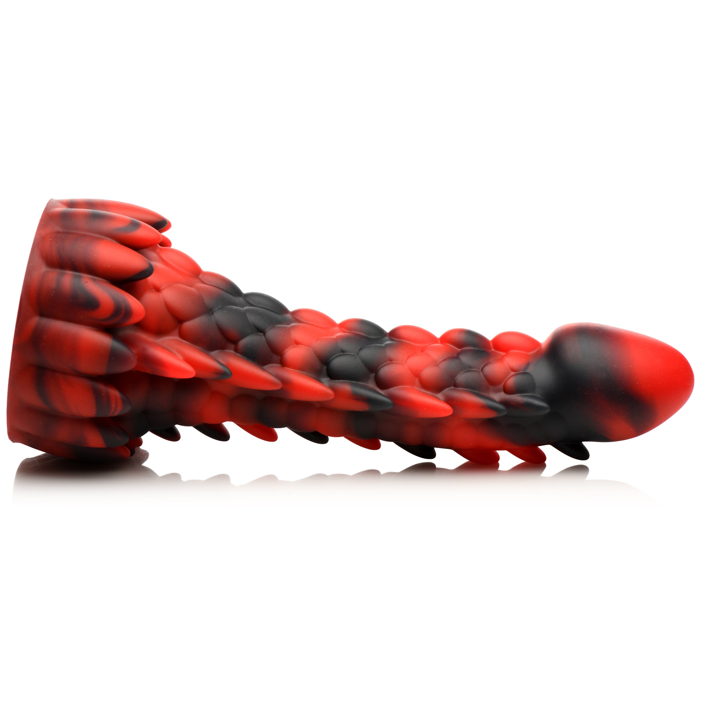 Demon Rising Scaly Dragon Silicone Dildo in red and black, featuring textured shaft and suction cup base for hands-free pleasure.