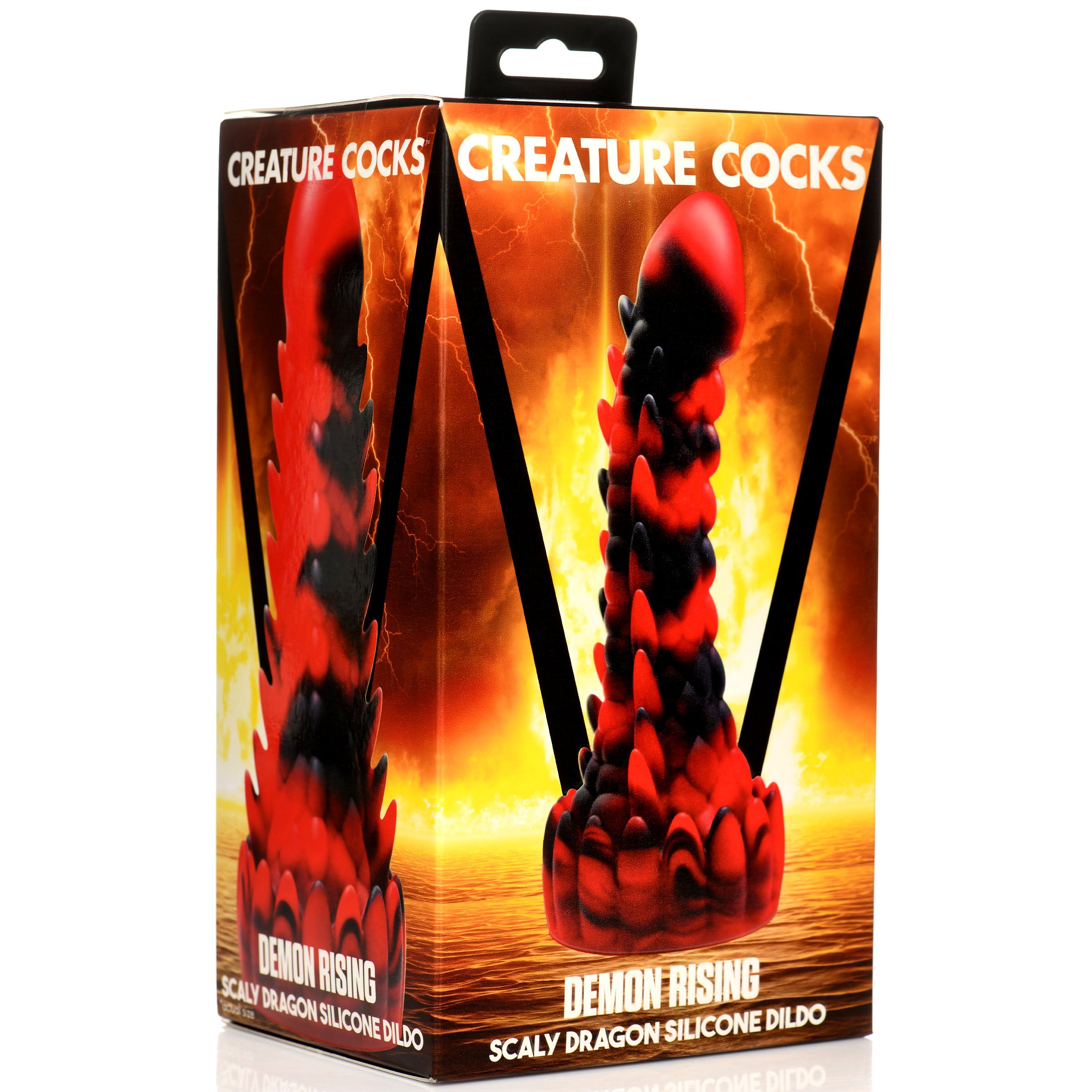 Demon Rising Scaly Dragon Silicone Dildo in red and black, featuring textured shaft and suction cup base for hands-free pleasure.