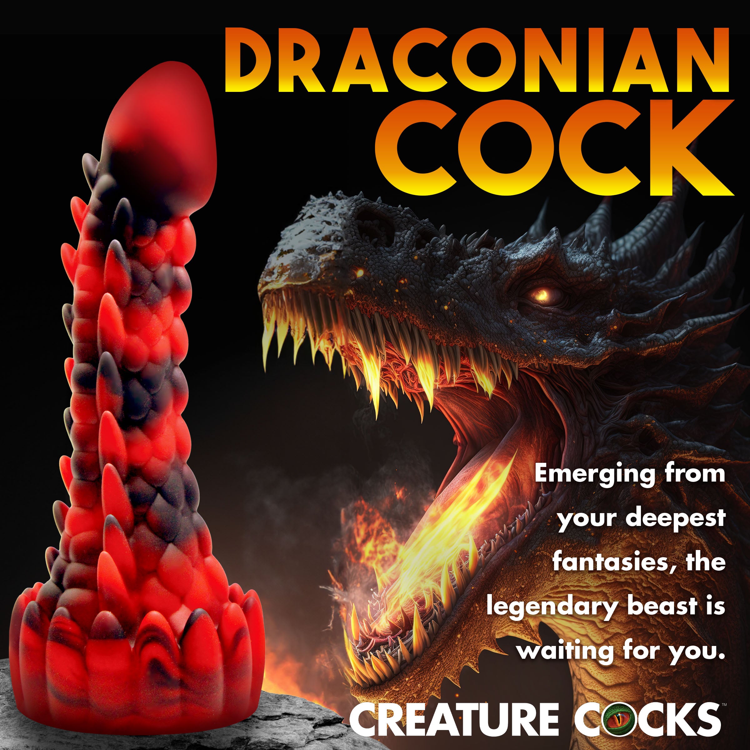 Demon Rising Scaly Dragon Silicone Dildo in red and black, featuring textured shaft and suction cup base for hands-free pleasure.